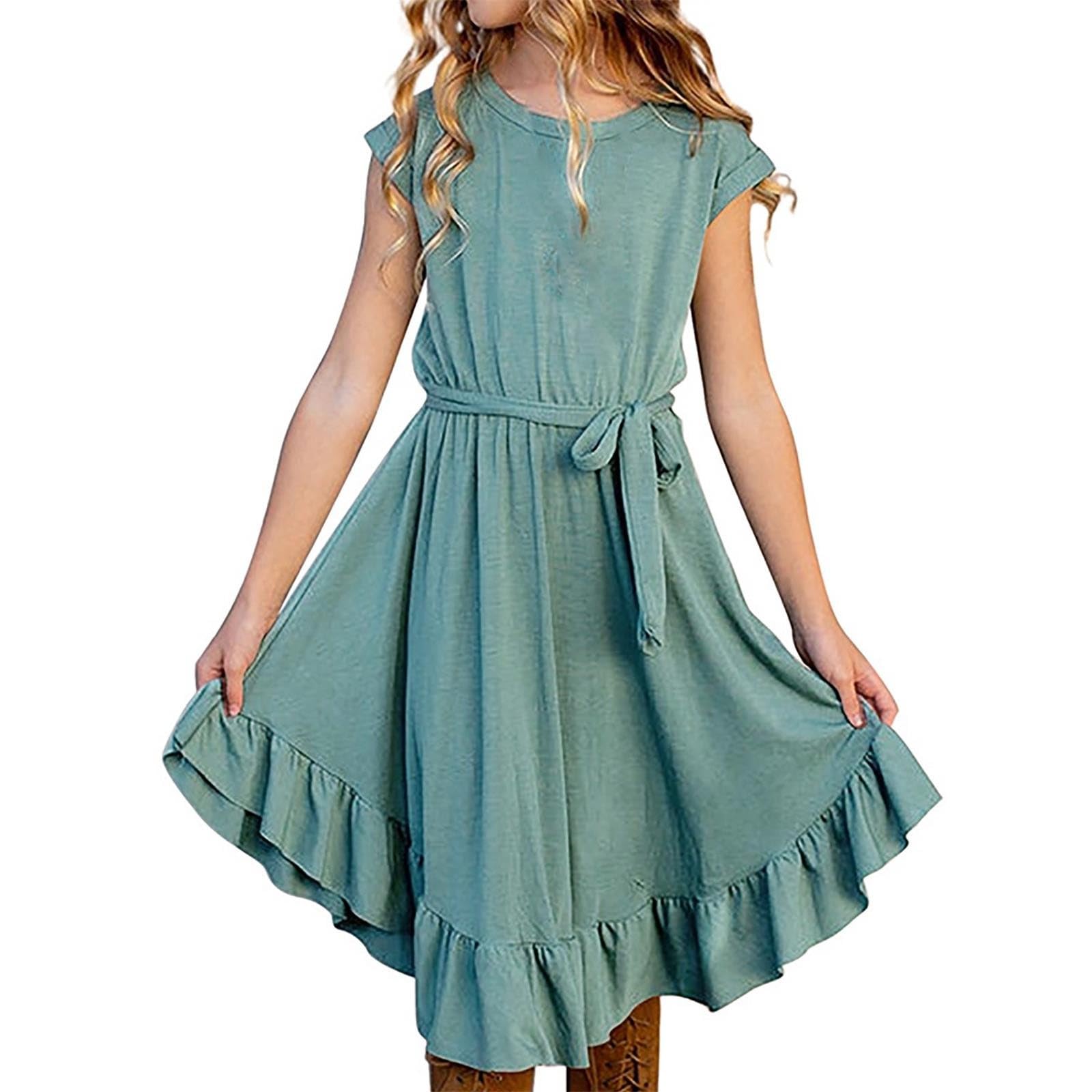 Generic Skater Niñas Niños Pequeñas Niñas Vestido Vintage Liso Manga Corta Volantes Swing Retro Rockabilly Vestidos 4 – 13 Años Fiesta Ropa Verano Niñas