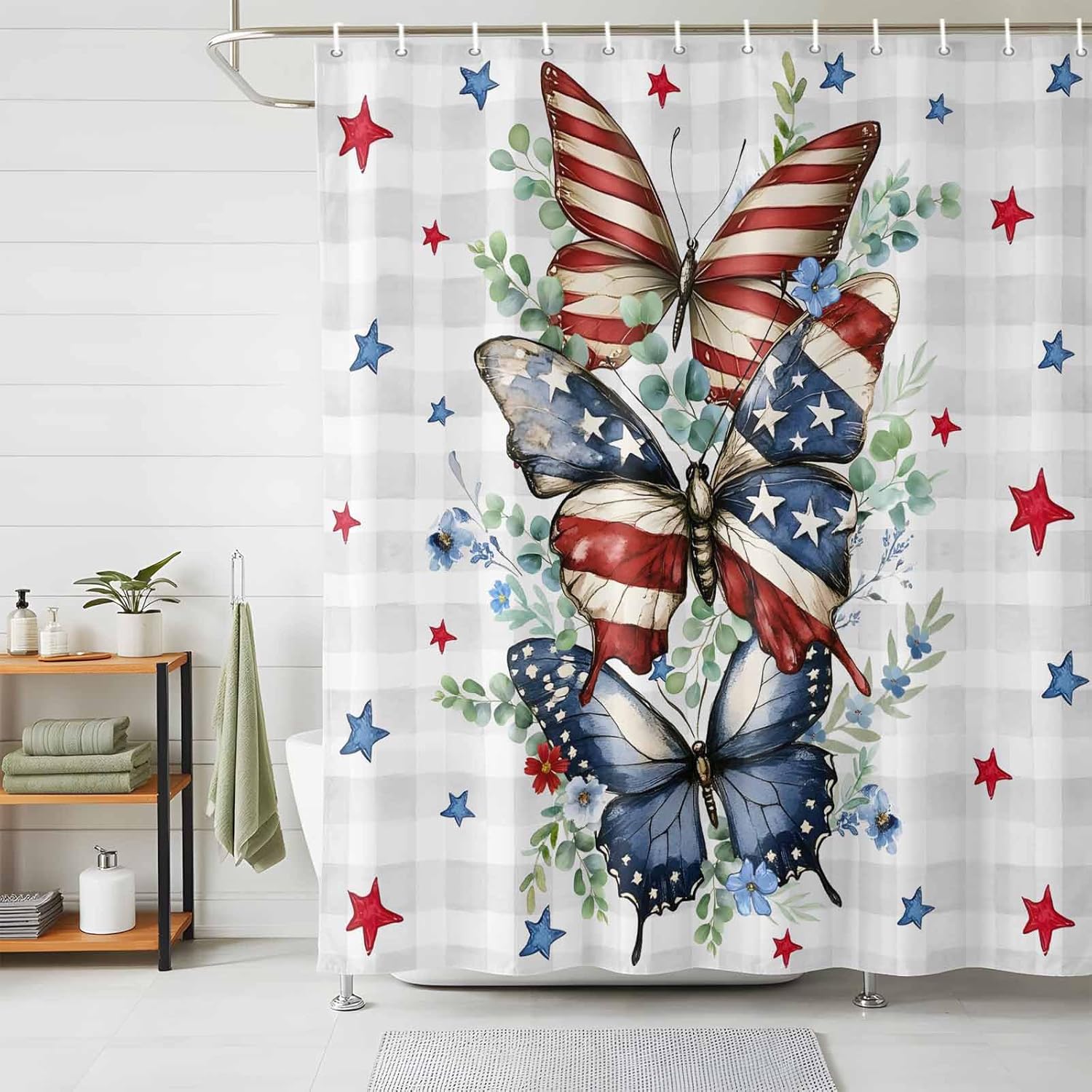 4th of July Shower Curtain Red Blue Stars Butterfly Bathroom Curtains with Hooks, Waterproof Eucalyptus Leaves Plaid Independence Day Shower Curtains Set for Bathroom Bathtubs Memorial Day 72x72