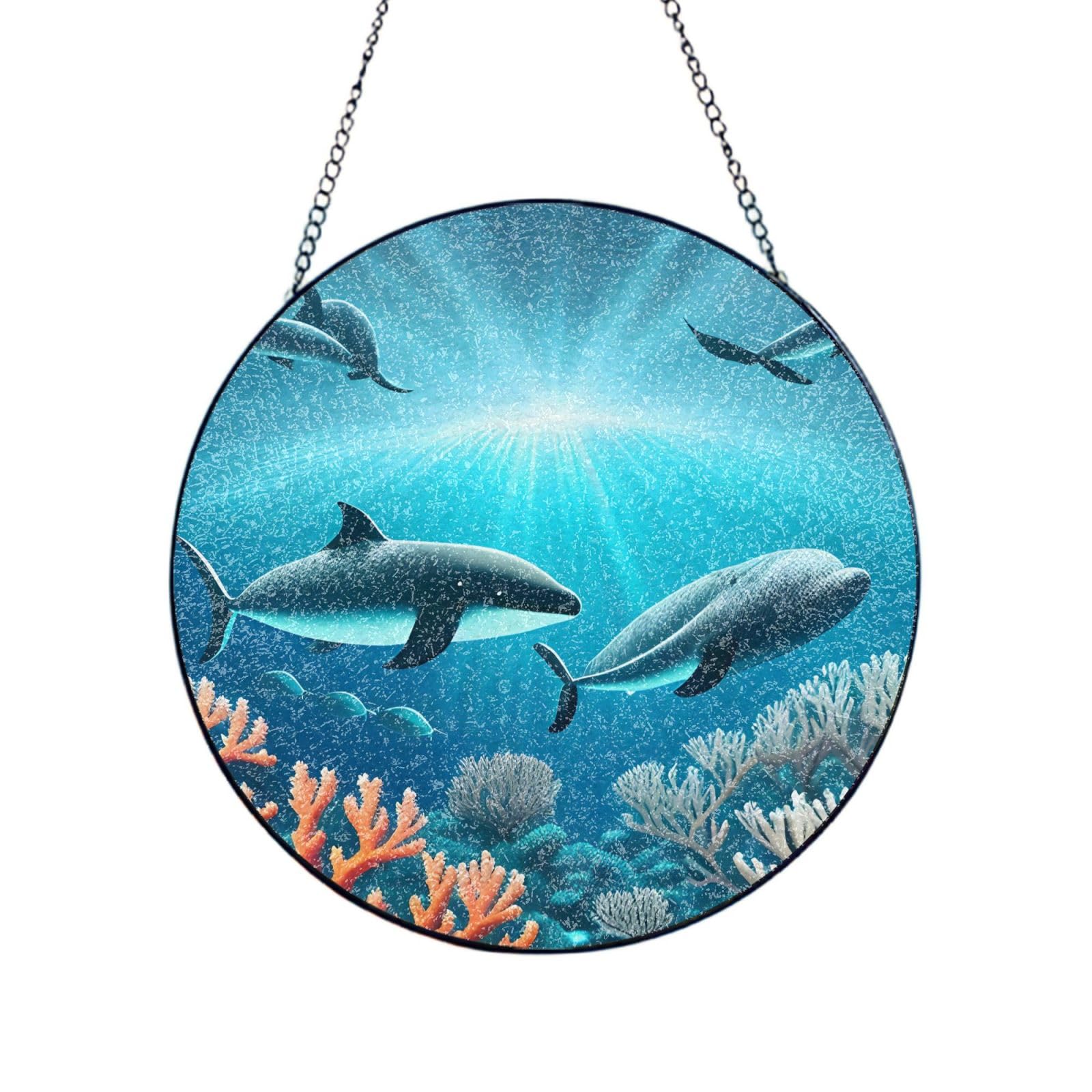Poezjzw Stained Glass Window Hanging - Whales Under The Sea Sun Catcher For Door Garden Home Decor Christmas Mother'S Day Birthday Gifts 12in（30cm）