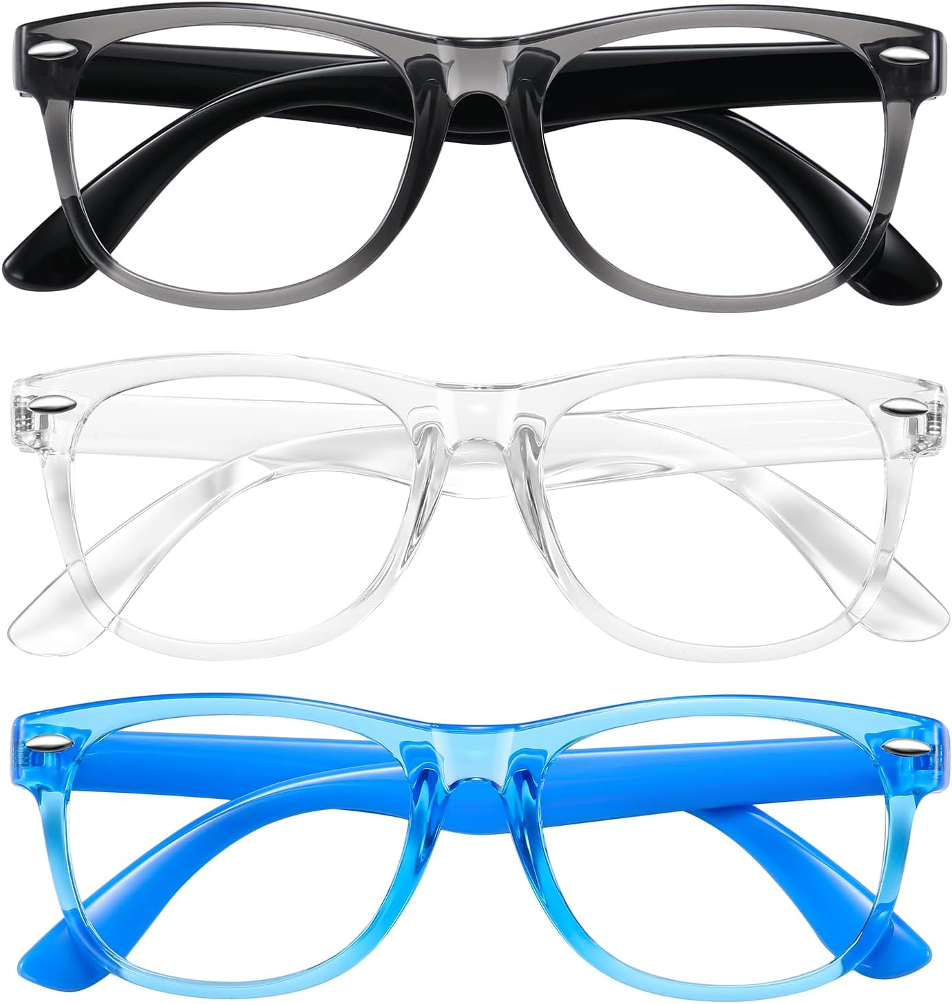Okany Blue Light Glasses for Kids 3 Pack Blue Light Blocking Glasses for Teen Boys Girls Age 3-10,Computer Screen Gaming TV Phone Glasses Anti Glare,UV & Eye Strain (Grey Black+Transparent+Blue)