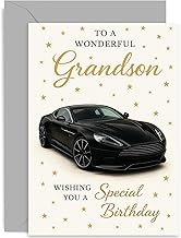 Heartfelt Birthday Card for Grandson, Black Luxury Sports Car Design, Sentimental Verse, Special Birthday Gift, Elegant Design, for Grandchild, Blank Inside with Envelope