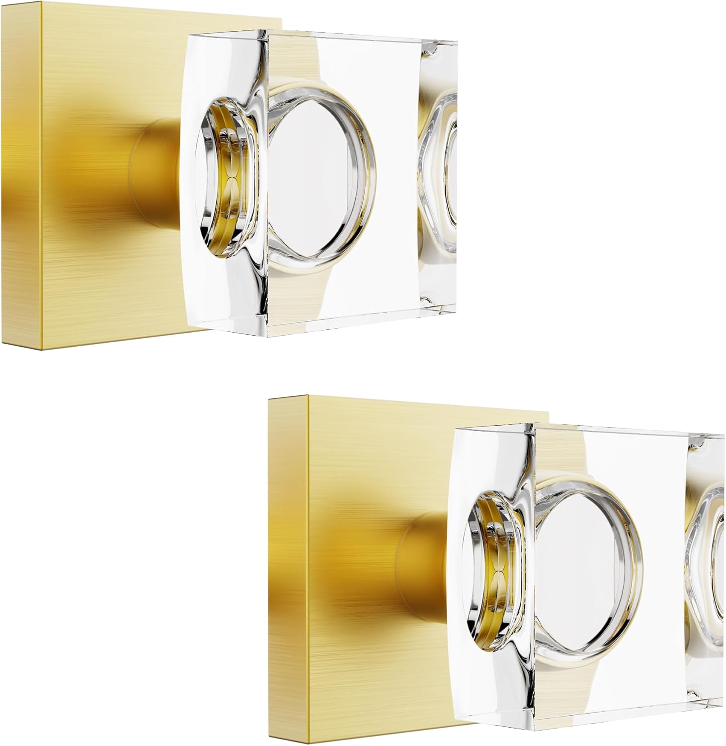 2 Pack Gold Crystal Glass Door Knobs - Satin Brass Square Modern Door Handles for Hall, Pantry, Closet