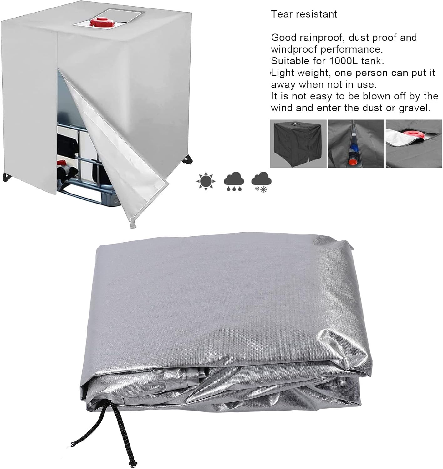 210D Oxford Fabric IBC Tote Cover for 1000L Outdoor Water Tank Cover, Water Anti Dust, Thermal Insulation Drawstring (Silver)