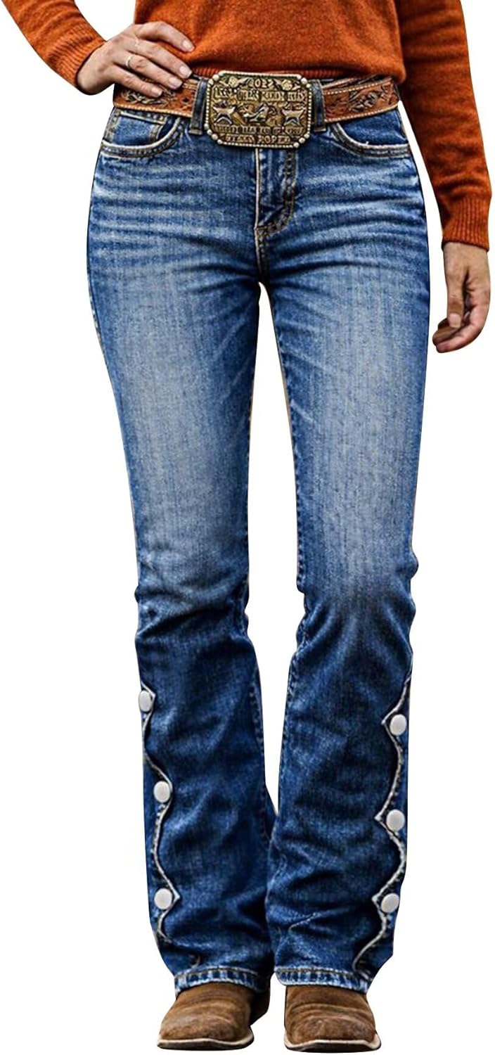 Flamingals Mid Rise Bootcut Jeans for Women Button Side Vintage Washed Denim Jeans Without Belt