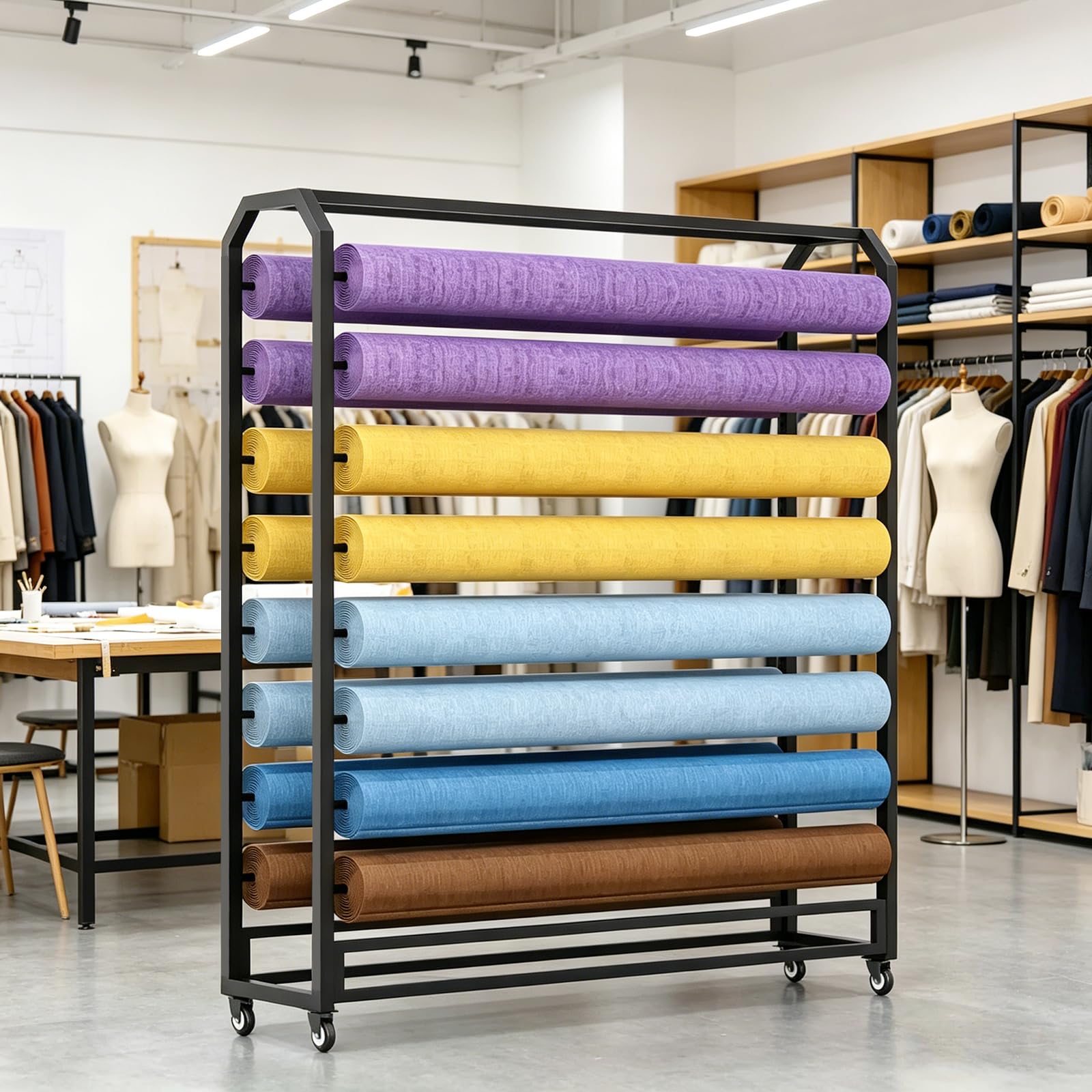 Commercial Fabric Roll Storage Rack with Adjustable Rod Brakeable Wheels, Movable Heavy Duty Steel Display Rack for Fabric Roll/Wallpaper/Tablecloth/Wrapper Organizer (16 rods)