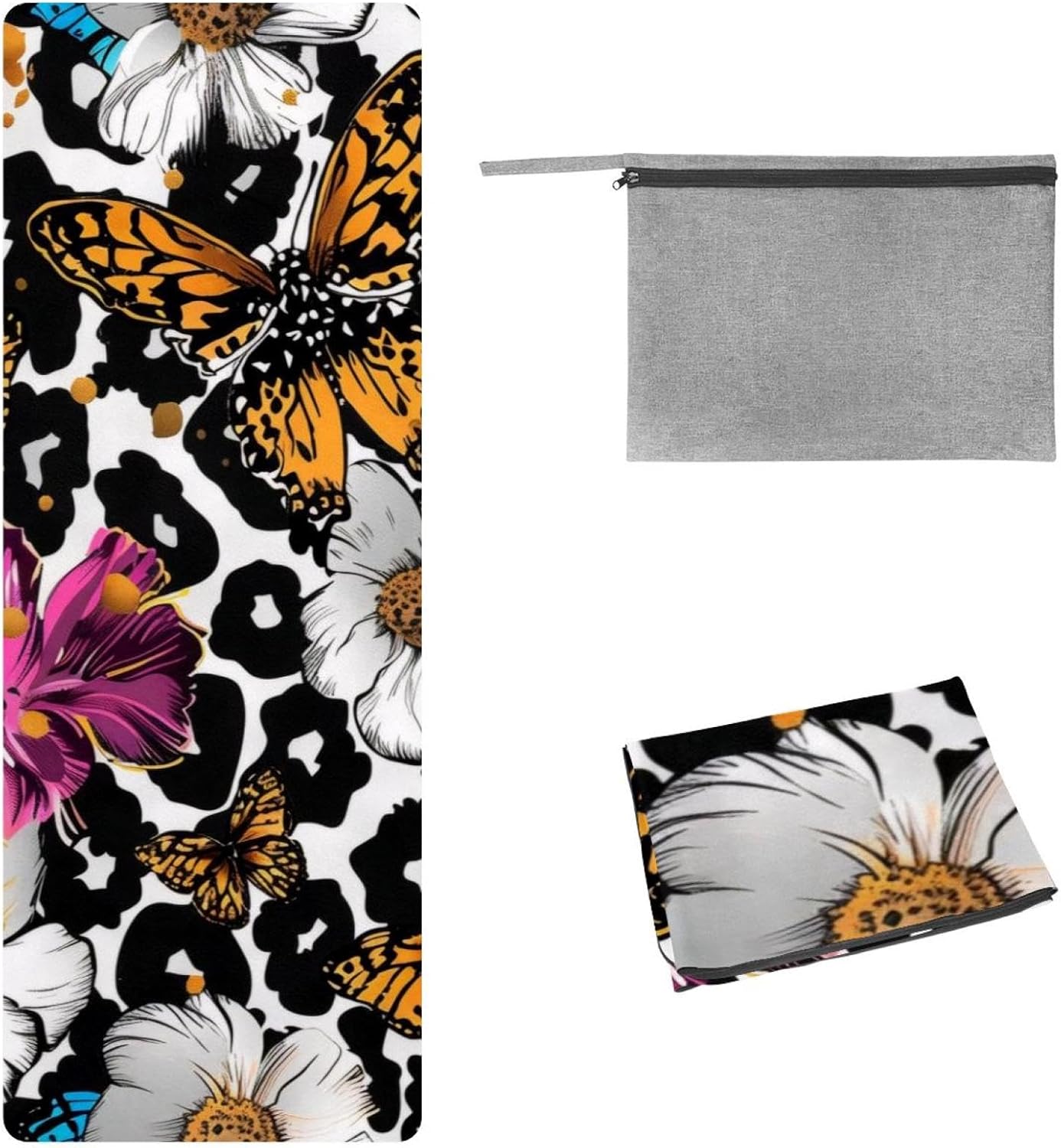 Yoga Towel, Leopard Spots Butterfly Flower Non Slip Sweat Absorbent Hot Yoga Mat Towel for Hot Yoga, Pilates and Fitness - 72.8" x 26.8"
