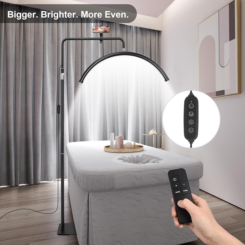 Half Moon Light with Phone Holder - 24 inch LED Lash Lamp for Eyelash Extensions for Tattoo Artists, Nail Tech, Esthetician - Cool, Warm Lamp with Adjustable Brightness & Height (Black)