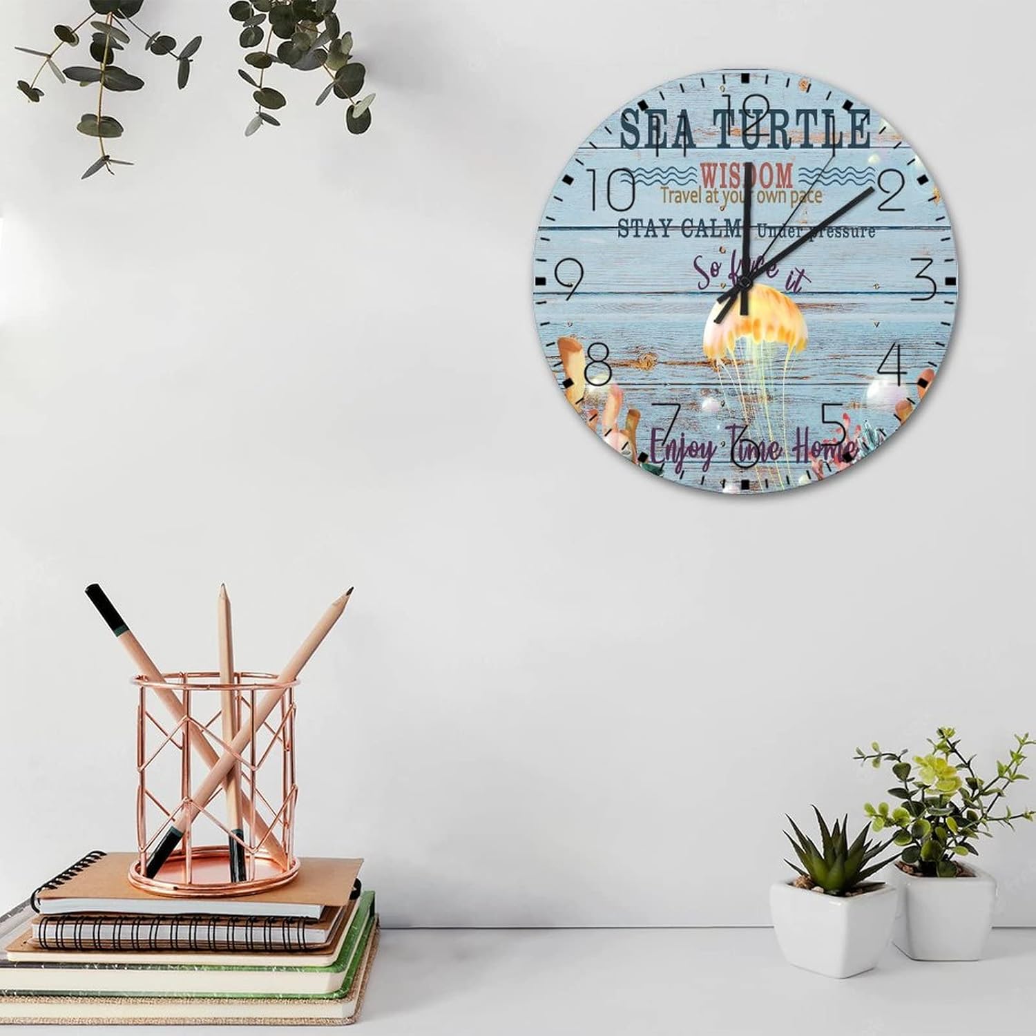 Wooden Wall Clock Battery Operated Non Ticking Analog Nautical Beach Ocean Theme Underwater Jellyfish Retro Wall Clocks Coastal Tropical Theme Wooden Wall Decor for Family Room Classroom Gym 12''