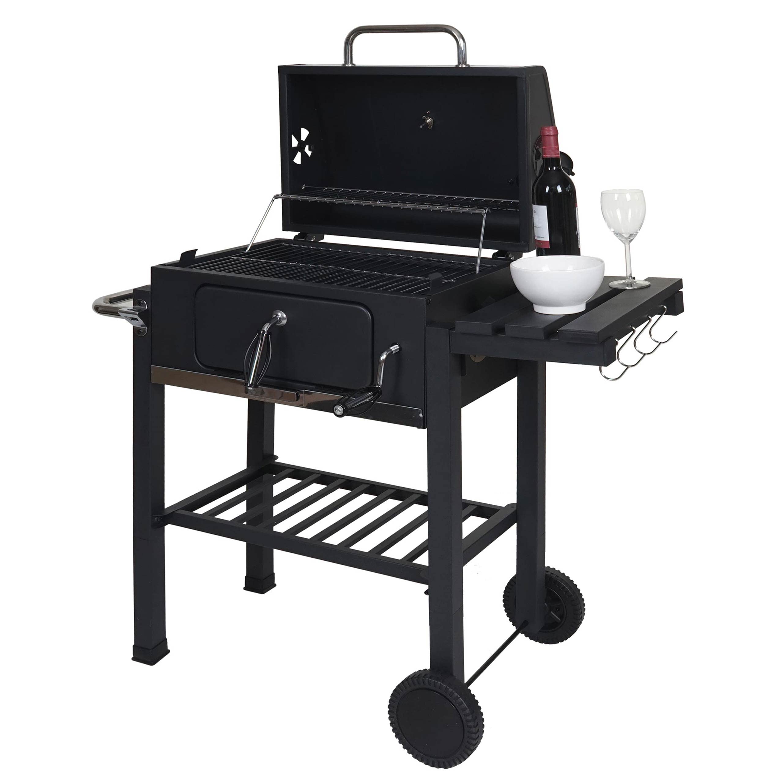 HWC-K93 - Barbacoa Parrilla de carbón vegetal (110 x 100 x 51 cm), color negro | Barbacoa de carbón vegetal, barbacoa, barbacoa, barbacoa de jardín, con tapa, estantes