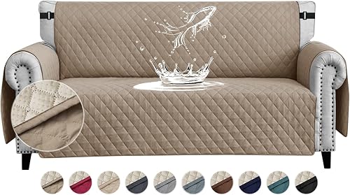 FIGOOO Funda de Sofá Impermeable 3 Plazas Antideslizante con Correas Elásticas Protector para Sofá Acolchado para Mascotas Perros Gatos,Caqui