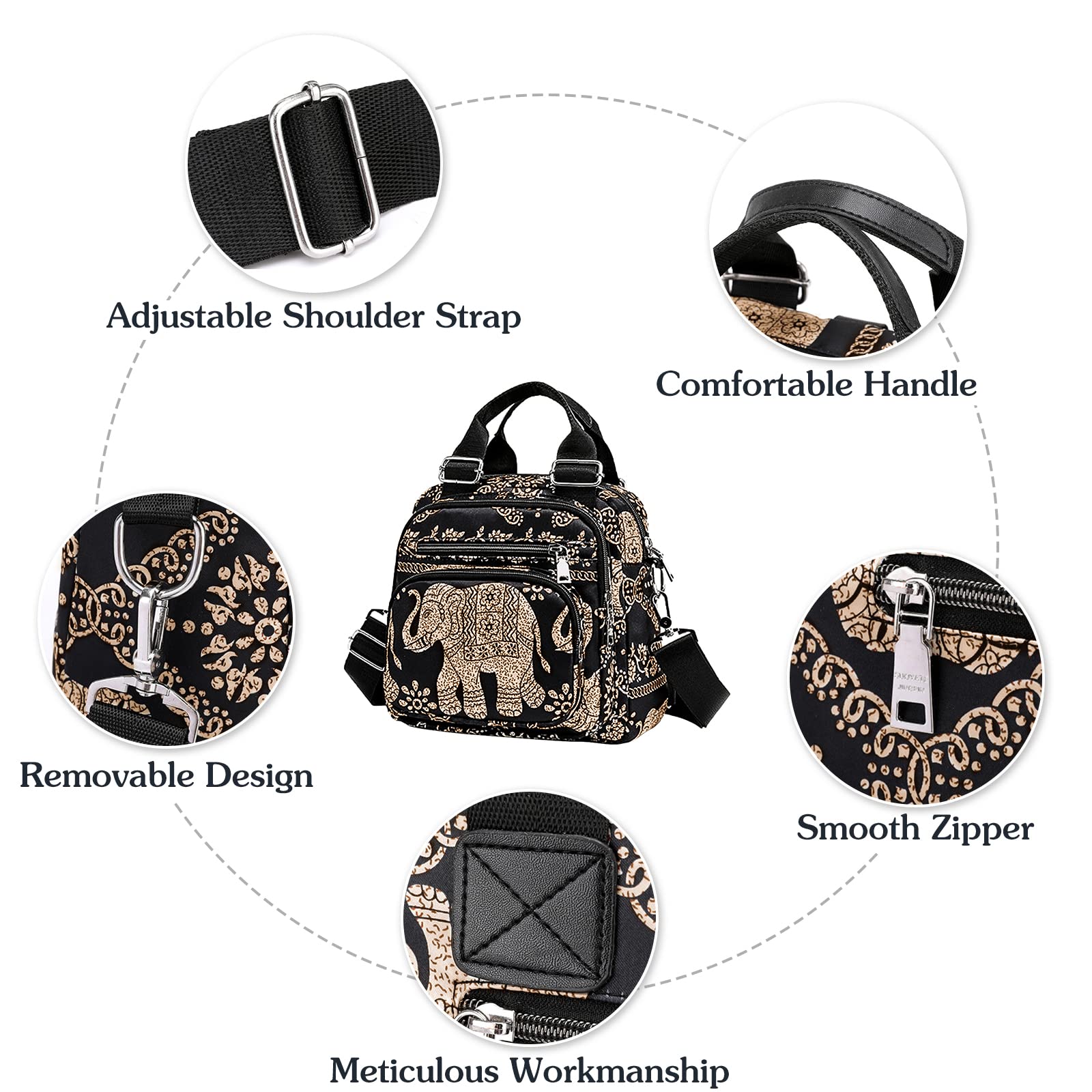 Bolso Bandolera de Mujer Mochila Pequeña Casual Bolso de Hombro Multibolsillos Nylon Bolsos Cruzados Daypack para Trabajo Viaje Uso Diario
