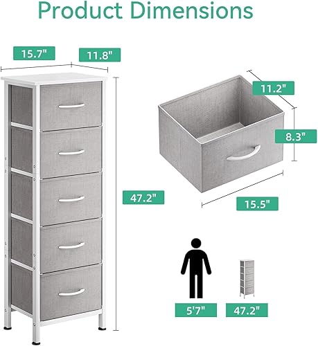 Miniatura 2 de Cómoda para dormitorio con 5 cajones de almacenamiento, cómoda pequeña de 31 pulgadas, cómoda de tela con marco de acero resistente, color gris claro