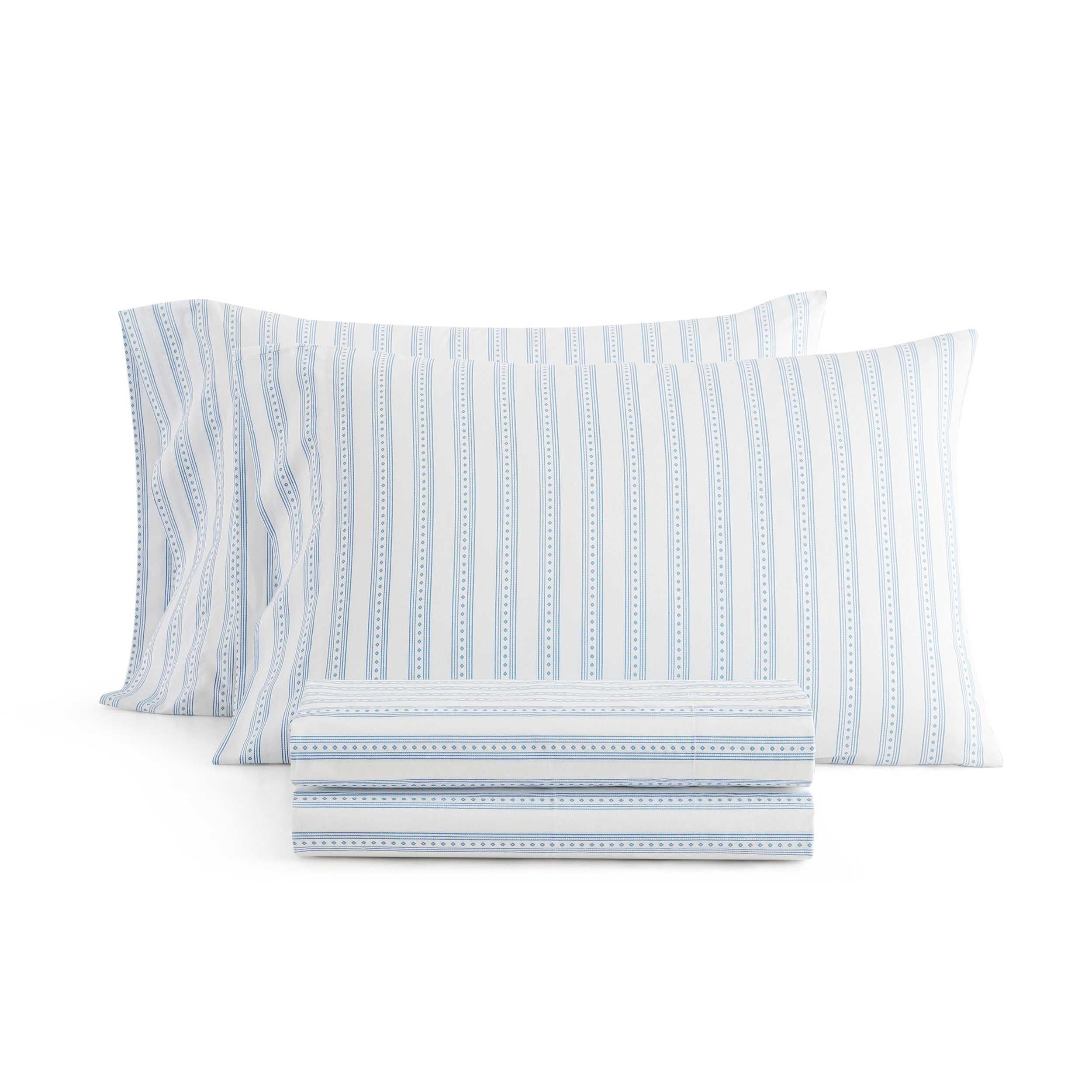Martha Stewart - King Size Sheets Set, Crisp &amp; Tailored Cooling Sheets with a Smooth Cotton Percale Lightweight Feel - Bed Sheets with Matching Pillowcases &amp; Fitted Sheet (Francesca Stripe Blue)