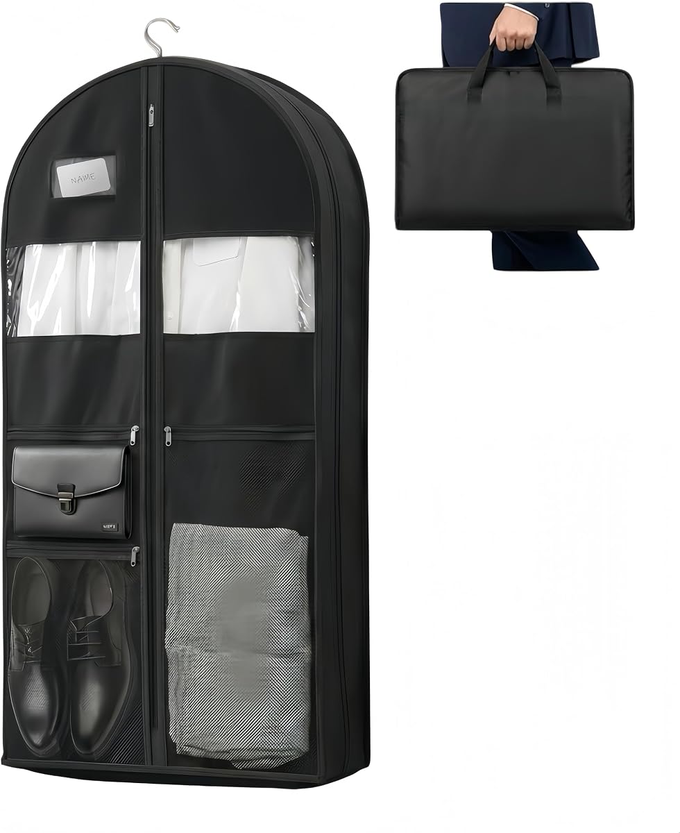 Travel Garment Bag with 3 Accessories Zipper Pockets | Foldable Heavy Duty Suit Bag for Suits, Tuxedos, Dresses, Coats, Black