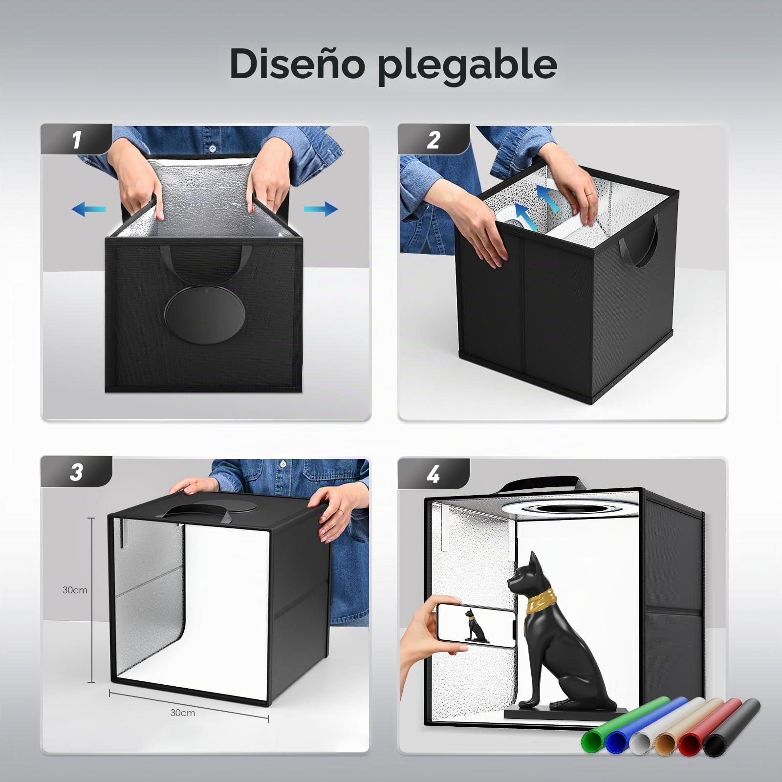 Caja Luz Foto Estudio, Portátil 30cmEstudio Fotografico con 120 Luces LED Ajustables CRI 95+ Disparo de Múltiples ángulos Estudio Fotográfico, 6 Láminas de Fondo de PVC para Productos Fotos