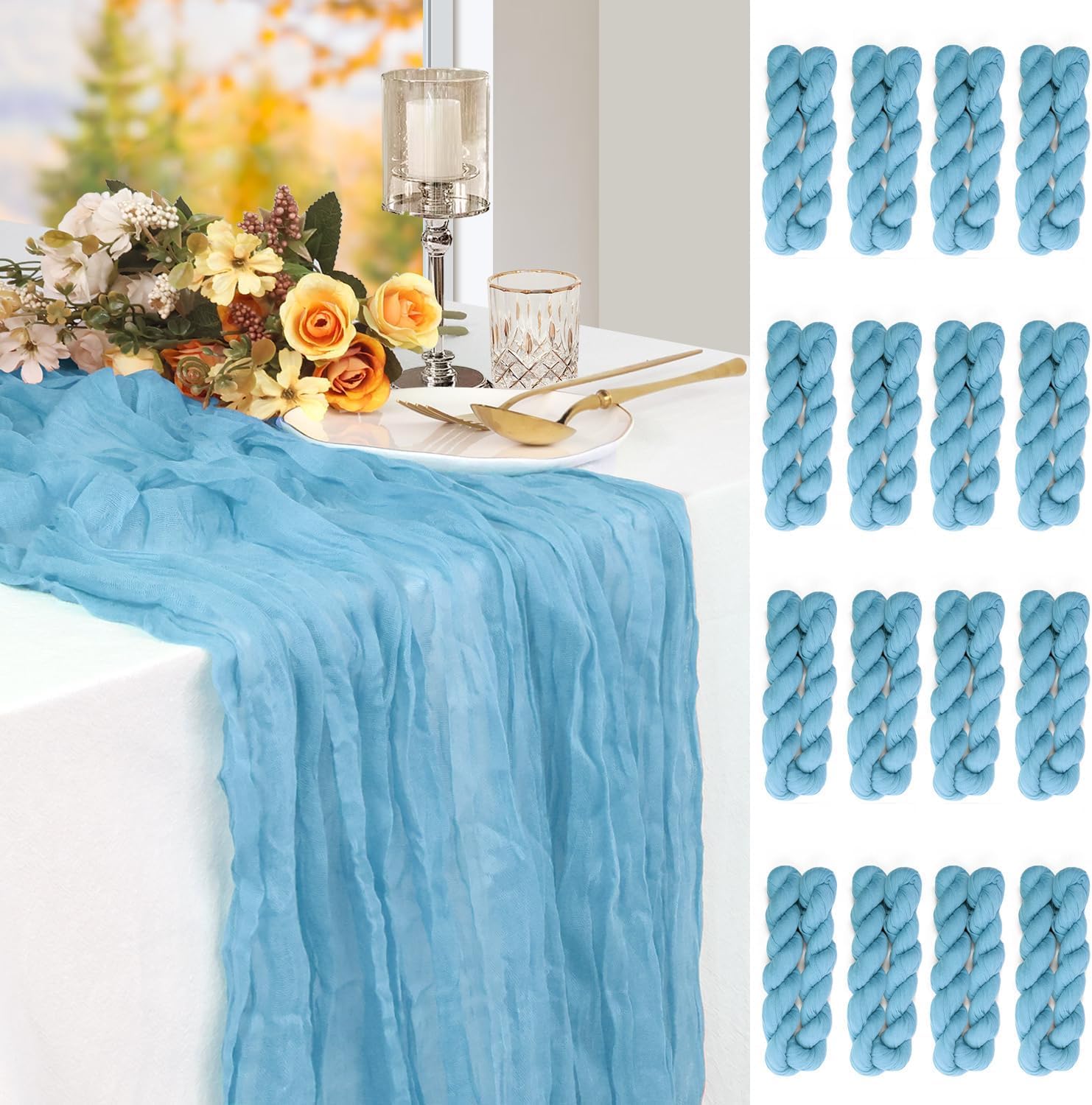 16 Pack Dusty Blue Cheesecloth Table Runner 10 ft, Long Boho Gauze Table Runner, Rustic Cheese Cloth Table Runner for Wedding, Dinner, Baby Shower(Dusty Blue 36#-16p)