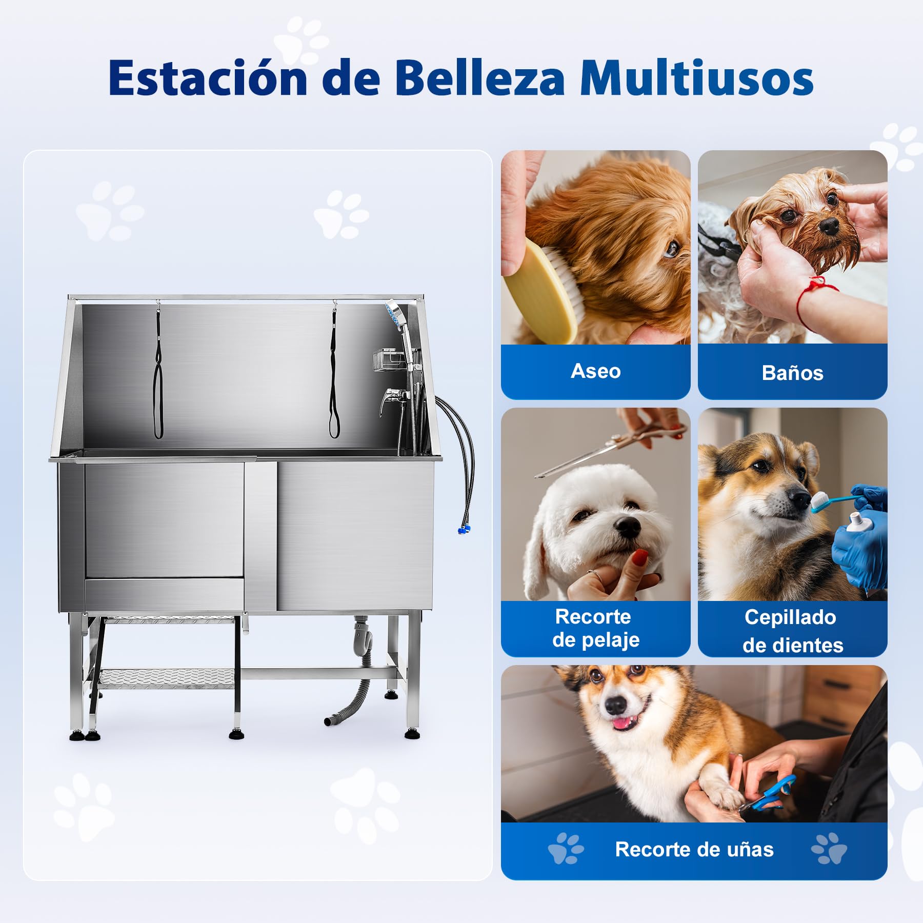 CO-Z Bañera de Aseo Profesional para Perros 127cm de Ancho Bañera de Acero Inoxidable para Mascotas Capcidad 115kg Bañera para Perros con Escaleras, Puerta Corrediza, Grifo,Correa
