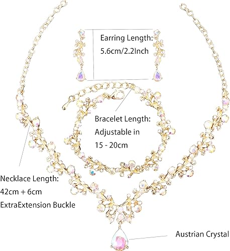 Vista 2 de Juego de 3 piezas de joyería de cristal austriaco para mujer, collar y aretes colgantes, pulsera de eslabones con chapado en oroplatinoarma, joyería