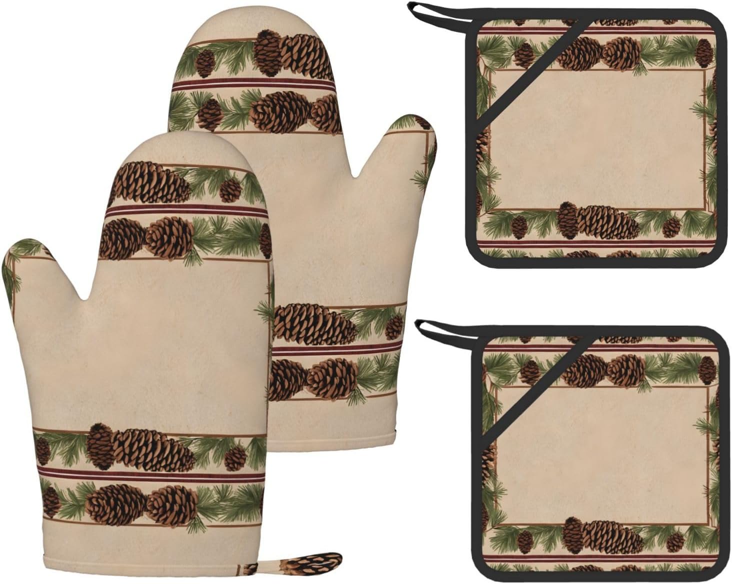Pine Cone Border Oven Mitts and Pot Holders Set of 4 Heat Resistant Kitchen Gloves with Silicone Palm Hot Pads for Baking Cooking Grilling BBQ