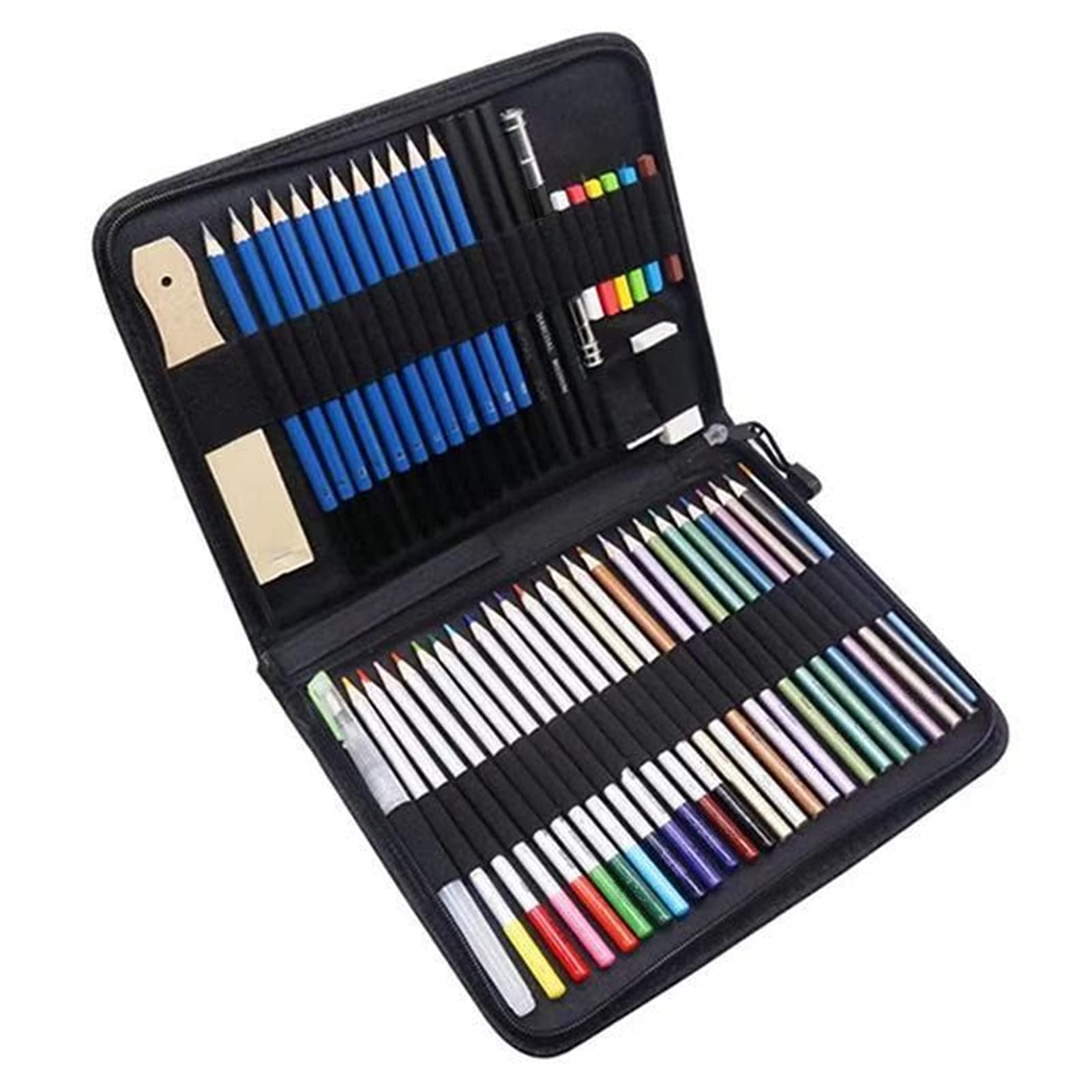 51-Piece Pencils Set Pencils and Sketch Kit Includes Metallic Color Pencils Water-Soluble Color Pencils Sketch Charcoal Pencil Sharpener Eraser Bag Art Supplies for Children(51pcs Art Set(A))-Layfoo