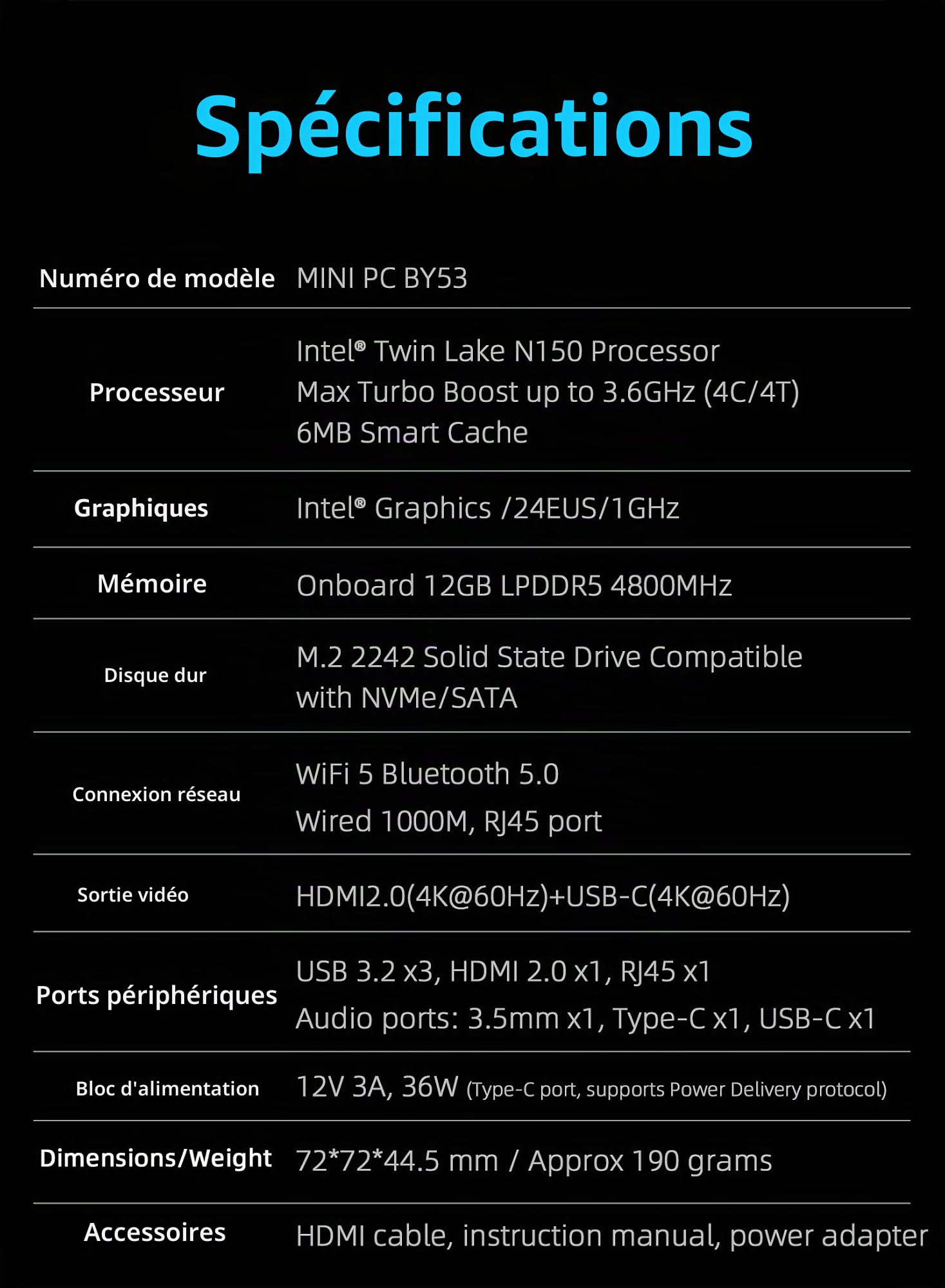 WayPonDEV youyeetoo BY53 Intel N150 12GB LPDDR5 Mini PC (SATA SSD 12+512GB)