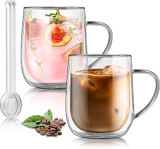 Joeyan 15oz Coffee Cup Set, Double Walled Espresso Glasses with Handle, Borosilicate Glass, Thermos Glass, Beer Thermal Mug, Cappuccino Spotted American Water Juice