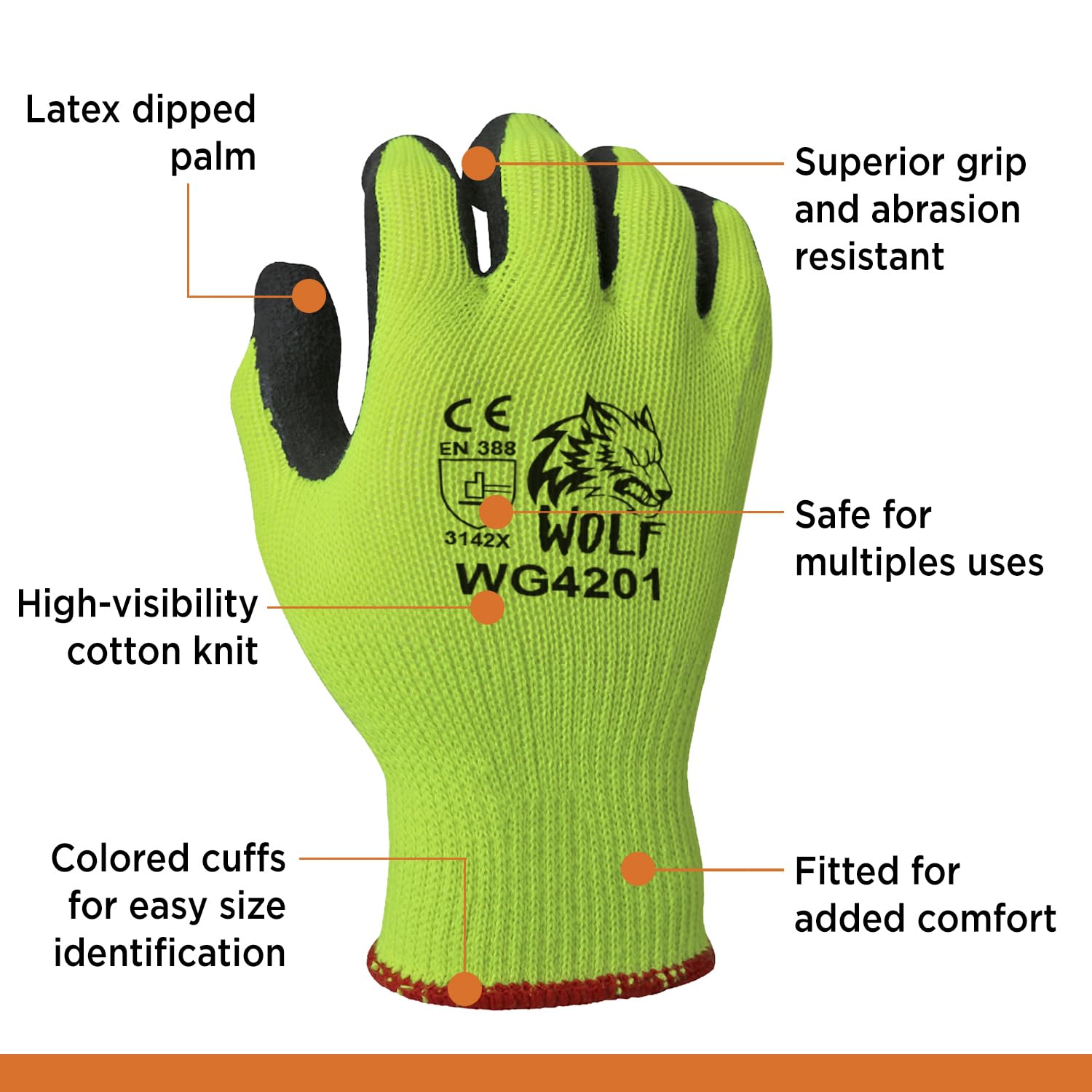 WOLF Hi-Viz Green Heavy-Duty Textured Rubber Latex Grip Knit Glove (24, Medium)