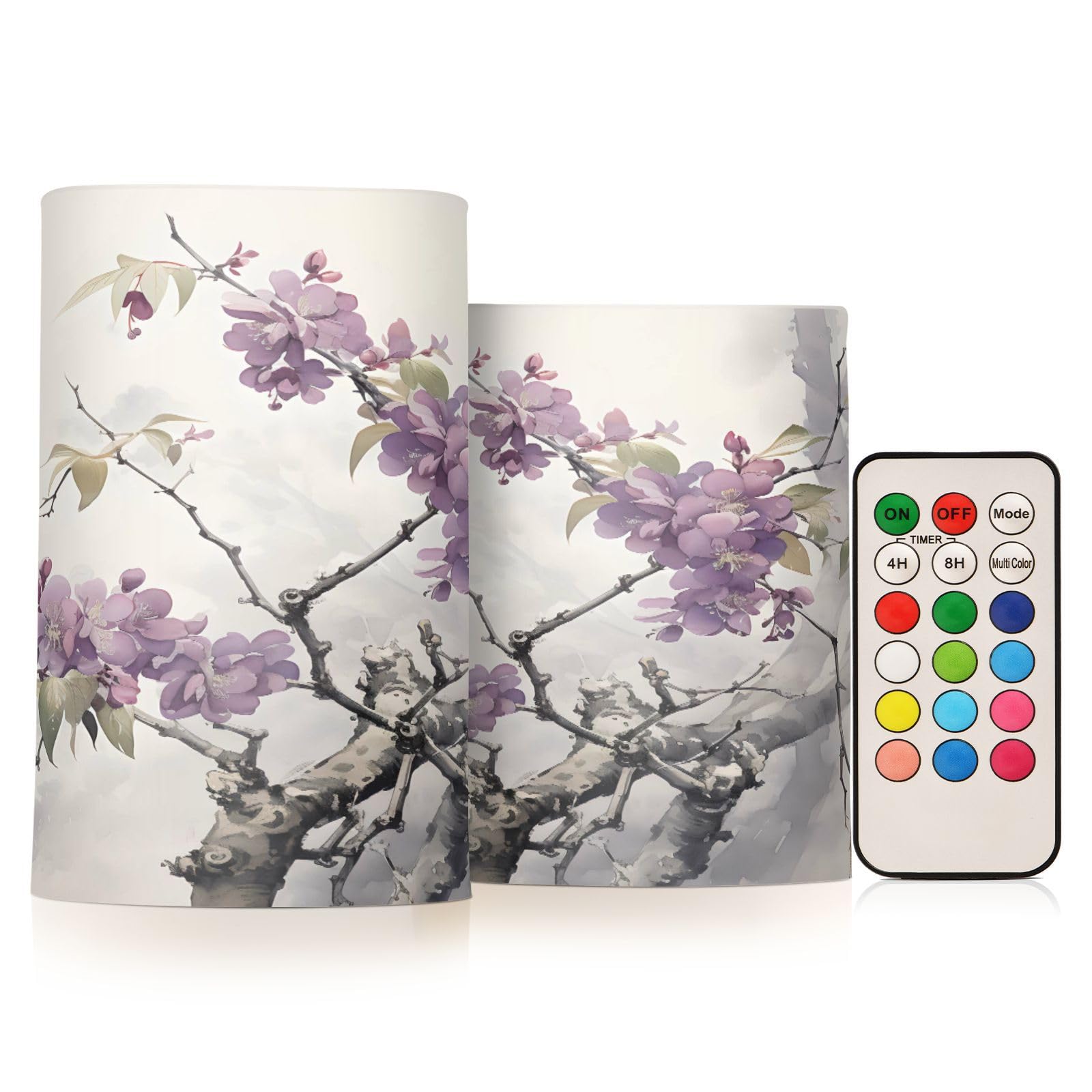 ALAZA Spring Purple Flowers Branch Flickering Flameless Candles Battery Operated with Remote Timer,Tea Light Candles LED Pillar Votive Candles Set of 2 for Outdoor Indoor Decorations
