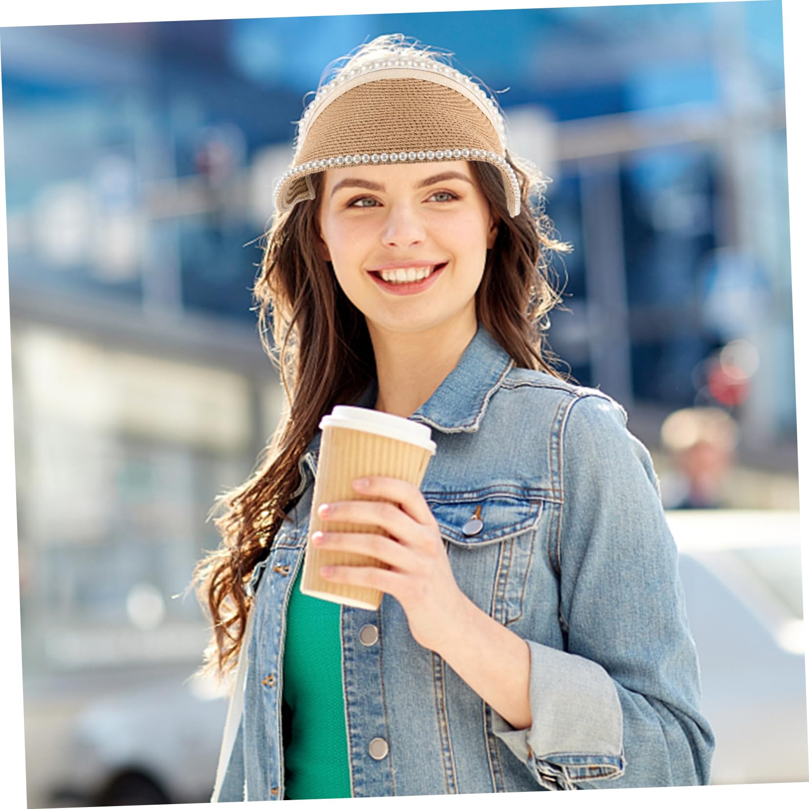 Visera Solar de Paja Perlas para Mujer, Sombrero Parasol