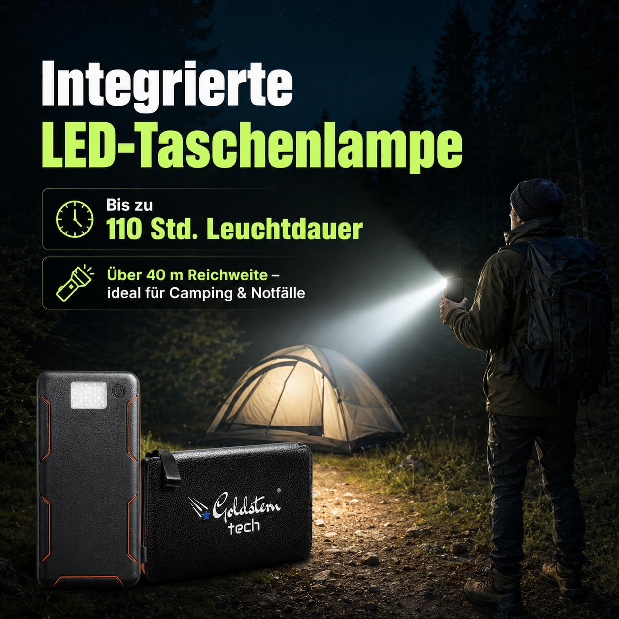 Solar Powerbank 36.800mAh, 4 Solarpanels, 15W Schnellladen, USB-C & QC 3.0, LED-Taschenlampe, Outdoor Ladegerät für Smartphone, Tablet, Camping & Reisen.