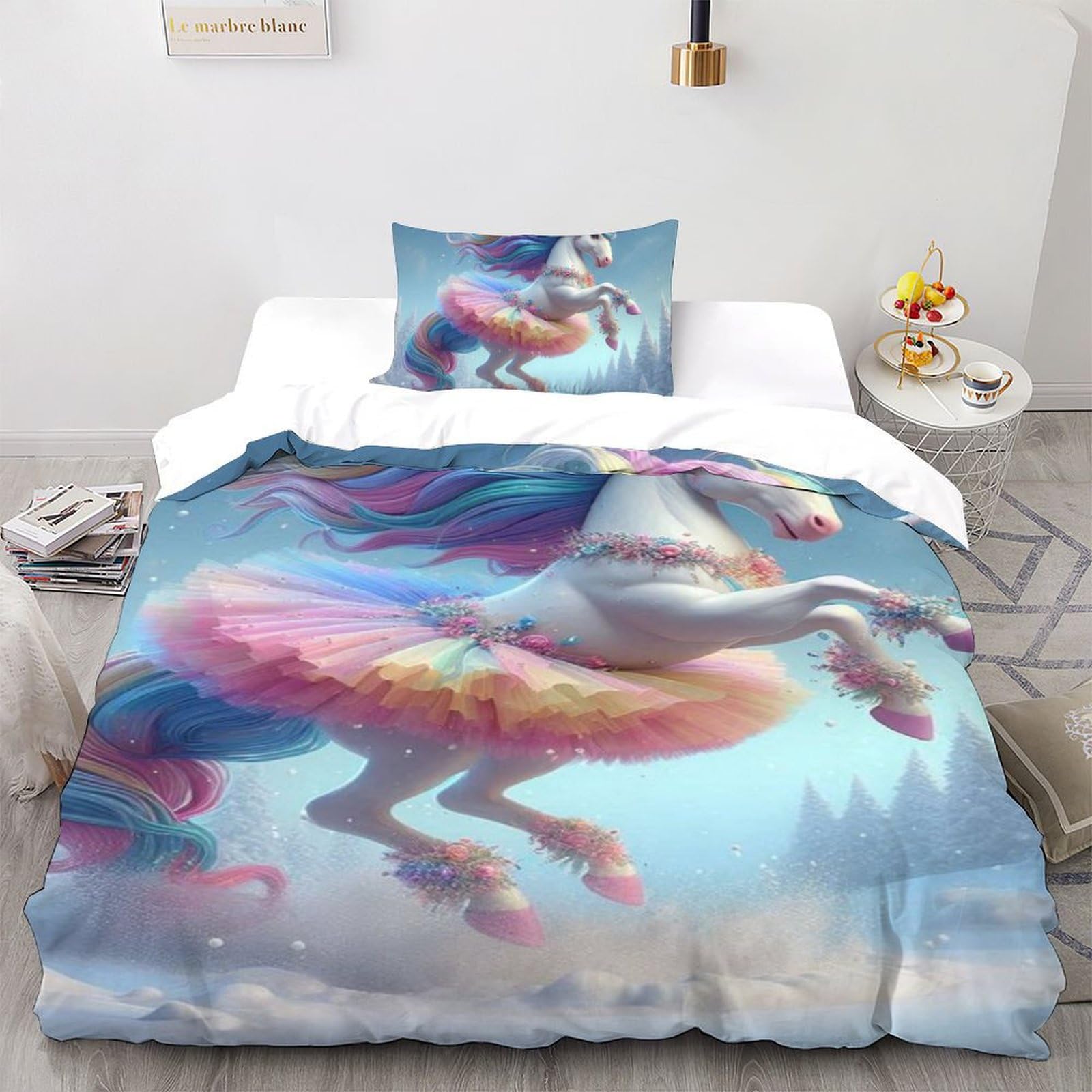 Housse de couette single motif cheval arc-en-ciel 3D en microfibre pour lit enfant