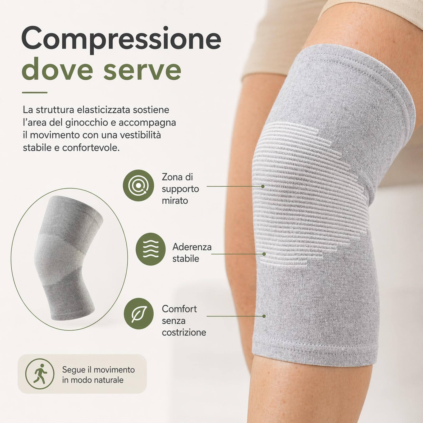 Generico Onepress Ginocchiera Bamboo, Ginocchiera in Bambù, Supporto Elastico Traspirante per Ginocchio, Compressione Ergonomica e Comfort Prolungato, Ideale per Sport (Grigio, L)