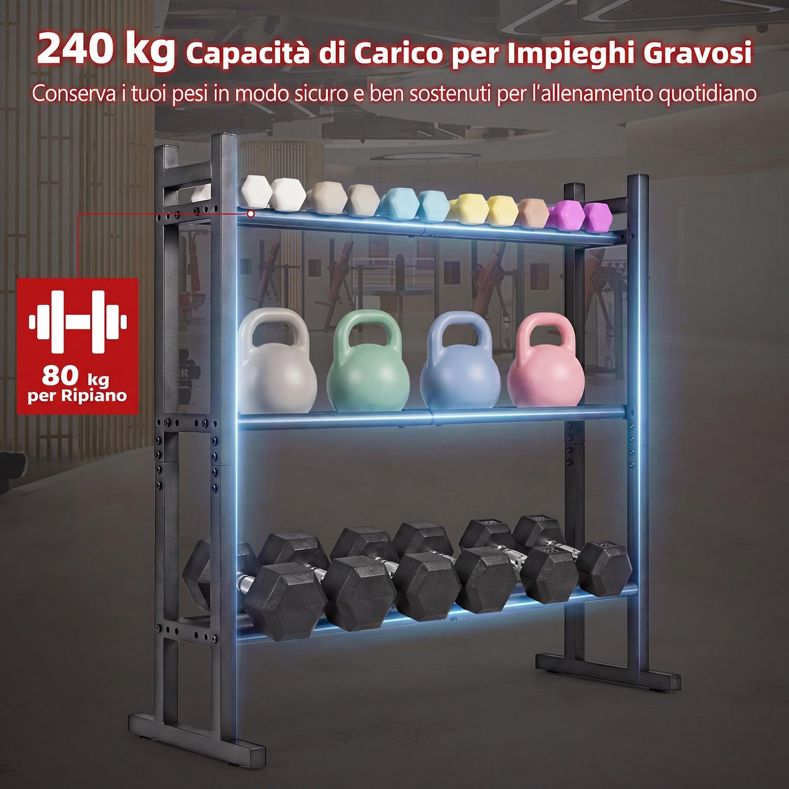 COSTWAY Rastrelliera Manubri a 3 Livelli, Porta Manubri in Metallo con Ripiano Regolabile, Porta Pesi per Palestra, Casa e Garage, 80 x 30 x 80 cm, Capacità di Carico 240 kg,