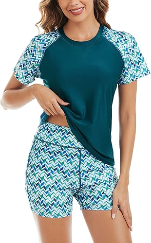 Bonneuitbebe Traje de baño de 2 piezas para mujer con camiseta de protección solar (rash guard) de manga corta UPF 50+, sostén integrado y