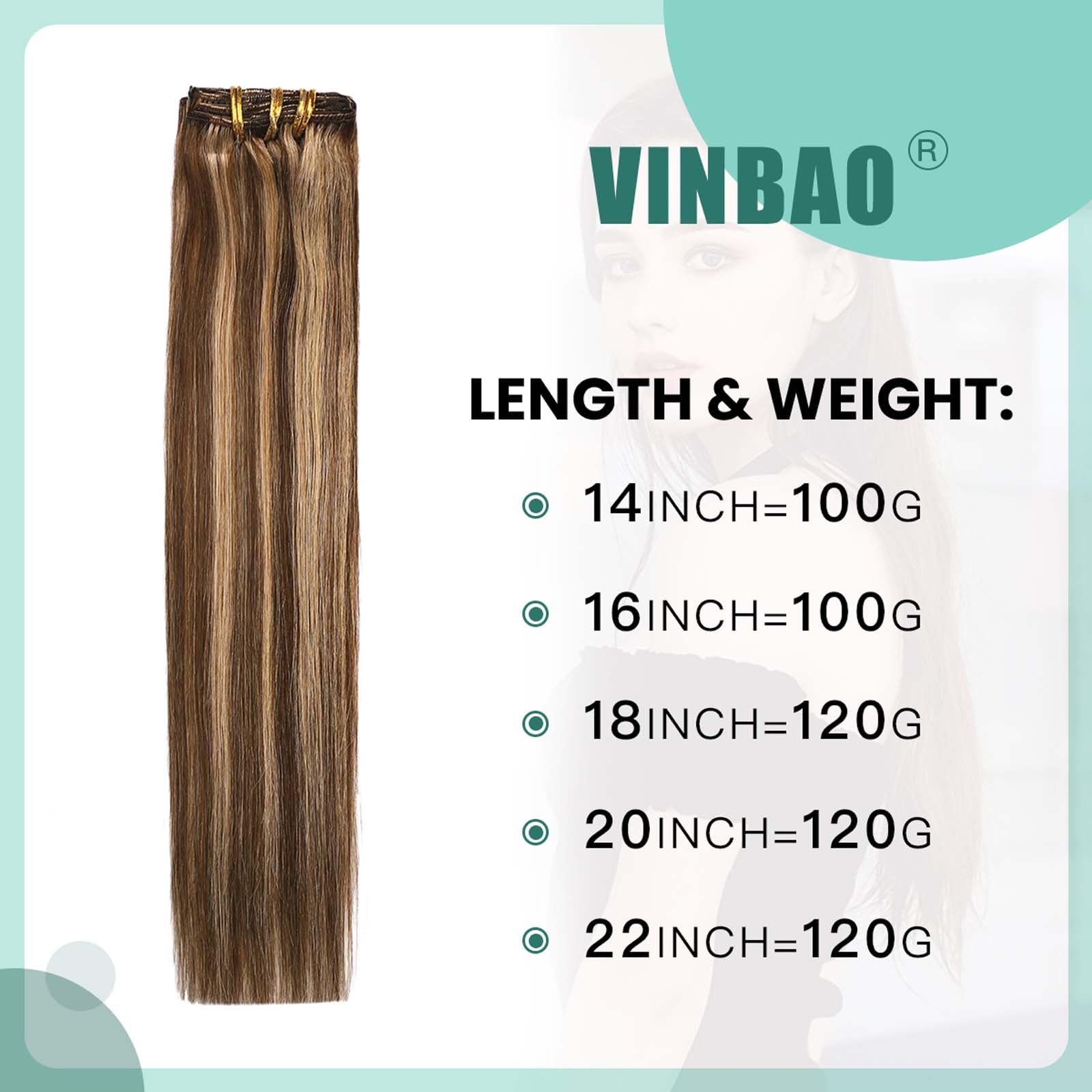 VINBAO Extension Capelli Veri Clip 120g 45cm Marrone Cioccolato Misto Biondo Scuro Clip Extension Capelli Veri, 6pcs Clip Capelli Veri Lisci Estensioni Dei Capelli Umani Reali (#4P27, 18'')