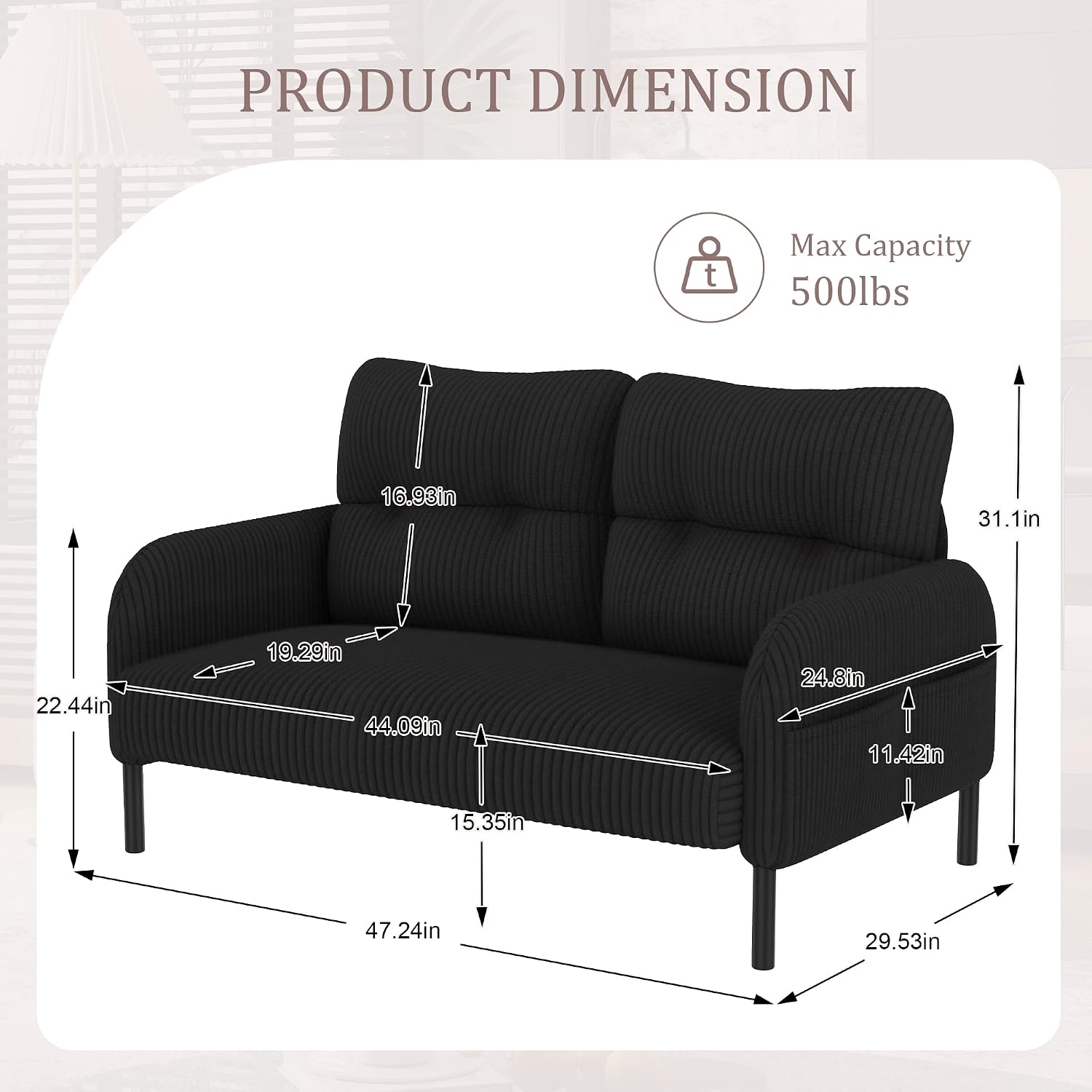 47" Modern Loveseat Couch Sofa, Corduroy Fabric Armchair Upholstered 2-Seat Loveseat Sofa for Small Space, Living Room, Bedroom, Apartment, Black