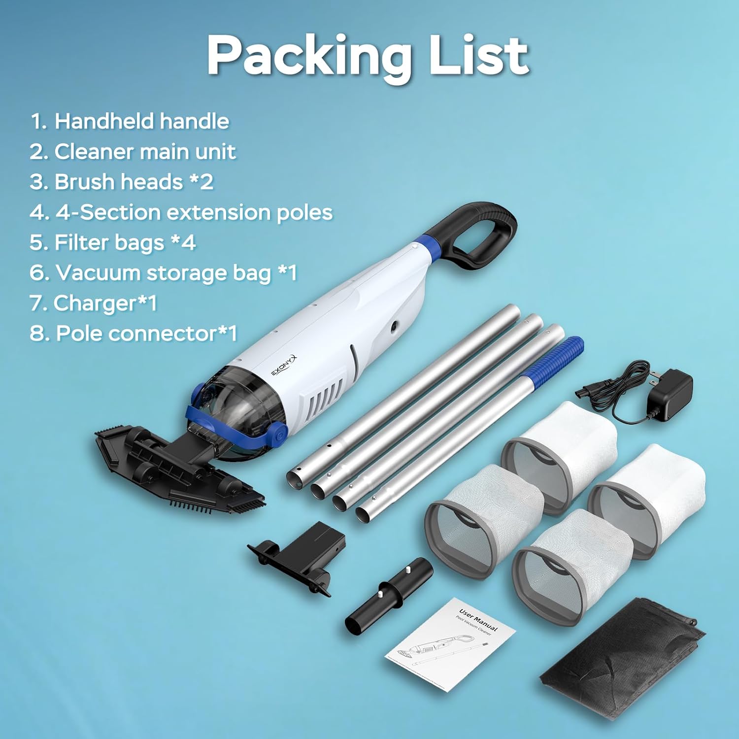 Cordless Handheld Pool Vacuum Cleaner, Upgraded 18.5GPM Powerful Suction for Above Ground Pool & Inground Pool, 1H Runtime, 45W Rechargeable Handheld Pool Vacuum with 72.85"Pole & 4 Filter bags