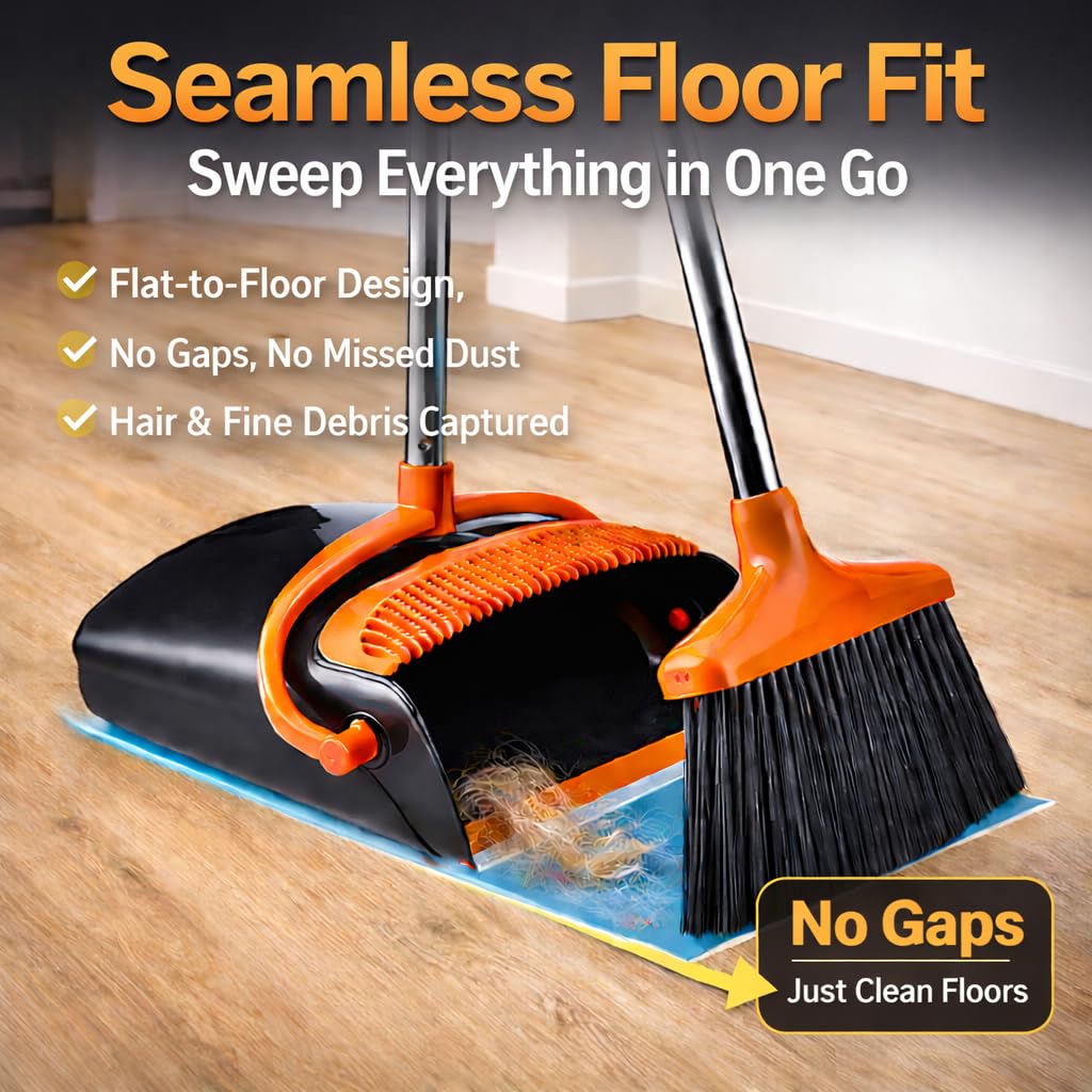 Broom and Dustpan Set with Long Handle, Upright Standing Self-Cleaning Combo, Windproof Dustpan with 6 Bonus Cleaning Tools for Pet Hair, Home, Kitchen, Garage & Apartment 3