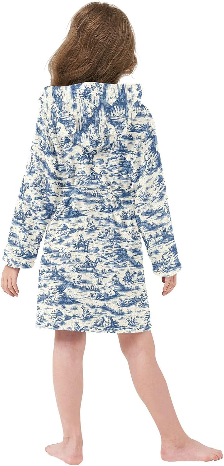 Vintage Cowboys Horses Cactus Blue Pattern Bathrobe Hooded PJ Robe Soft Fleece Robe Sleepwear 2-12 Years