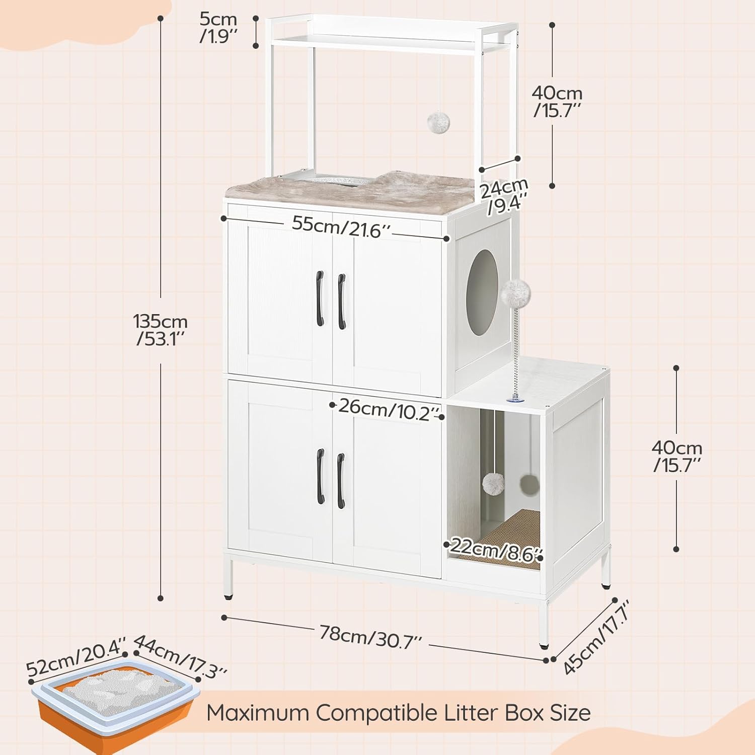 HOOBRO Litter Box Enclosure, Litter Box Furniture with Storage, 2-in-1 Hidden Cat Furniture with Shelf, 2 Dangling Plush Balls and 1 Toy Ball, Large Wooden Cat Washroom, White WT78MW01