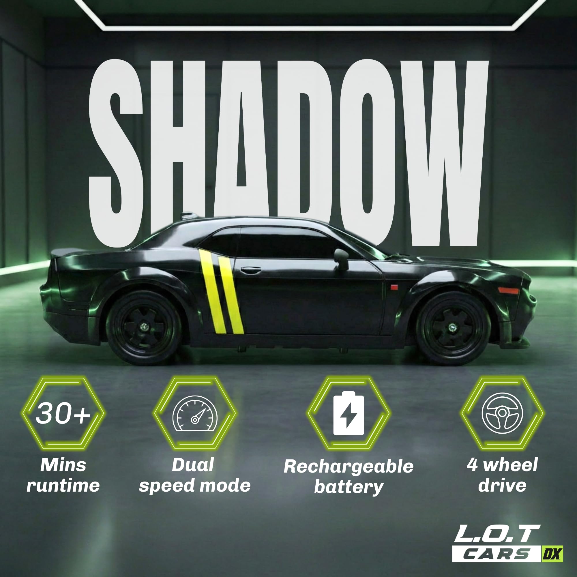 L.O.T CARS Shadow Remote Control Car | 20Kmph, 2.4Ghz | Rc Drifting Car, Rc Car 4x4, Drift Car Remote Control Range Upto 100m, Race-Ready Build ABS Plastic Body, Multi-Mode LED Lights (Tarmac Black)