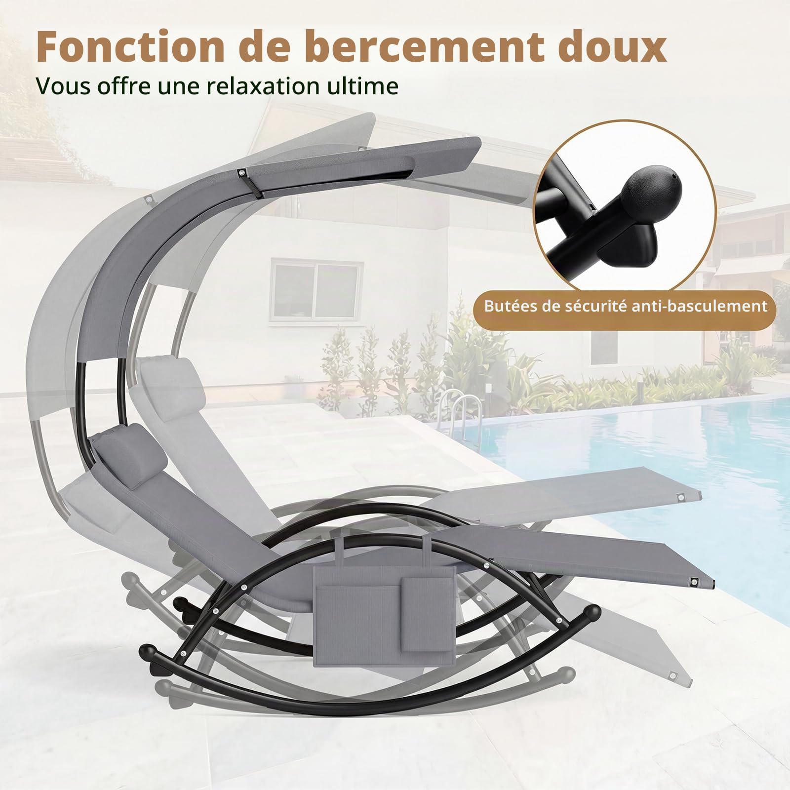 GIANTEX Chaise Longue de Jardin à Bascule pour 2 Personne, Poche Latérale, Transat Double à Bascule, Charge 300 kg, Auvent Pare-Soleil, 2 Oreillers Amovibles, Cadre en Métal, pour Jardin, Balcon, Gris