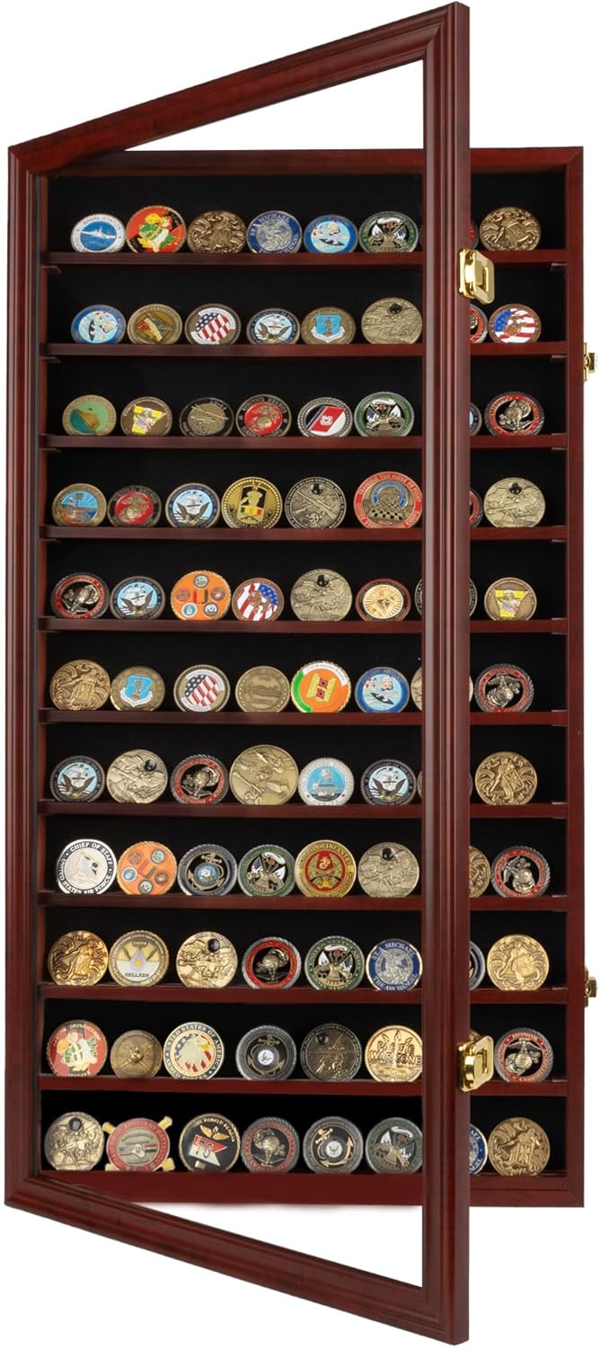 DisplayGifts Military Challenge Coin Display Case Poker Chips Holder Wall Cabinet Rack 29 X 16 Compatible with Army Navy Air Force Marine Corps Challenge Coins