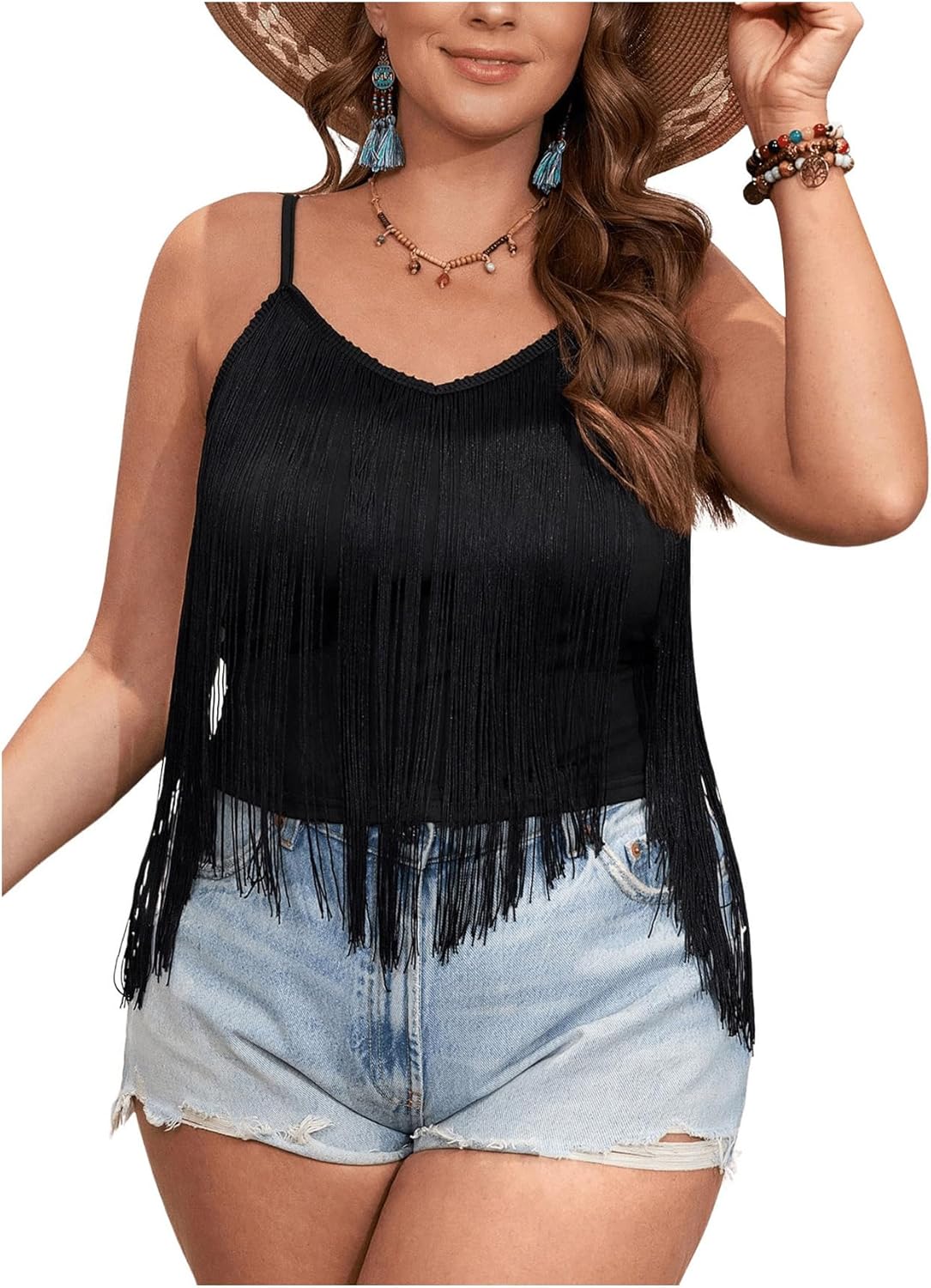 OYOANGLE Women's Plus Size Fringe Trim Asymmetrical Hem Spaghetti Strap Summer Crop Cami Tops - Image 3