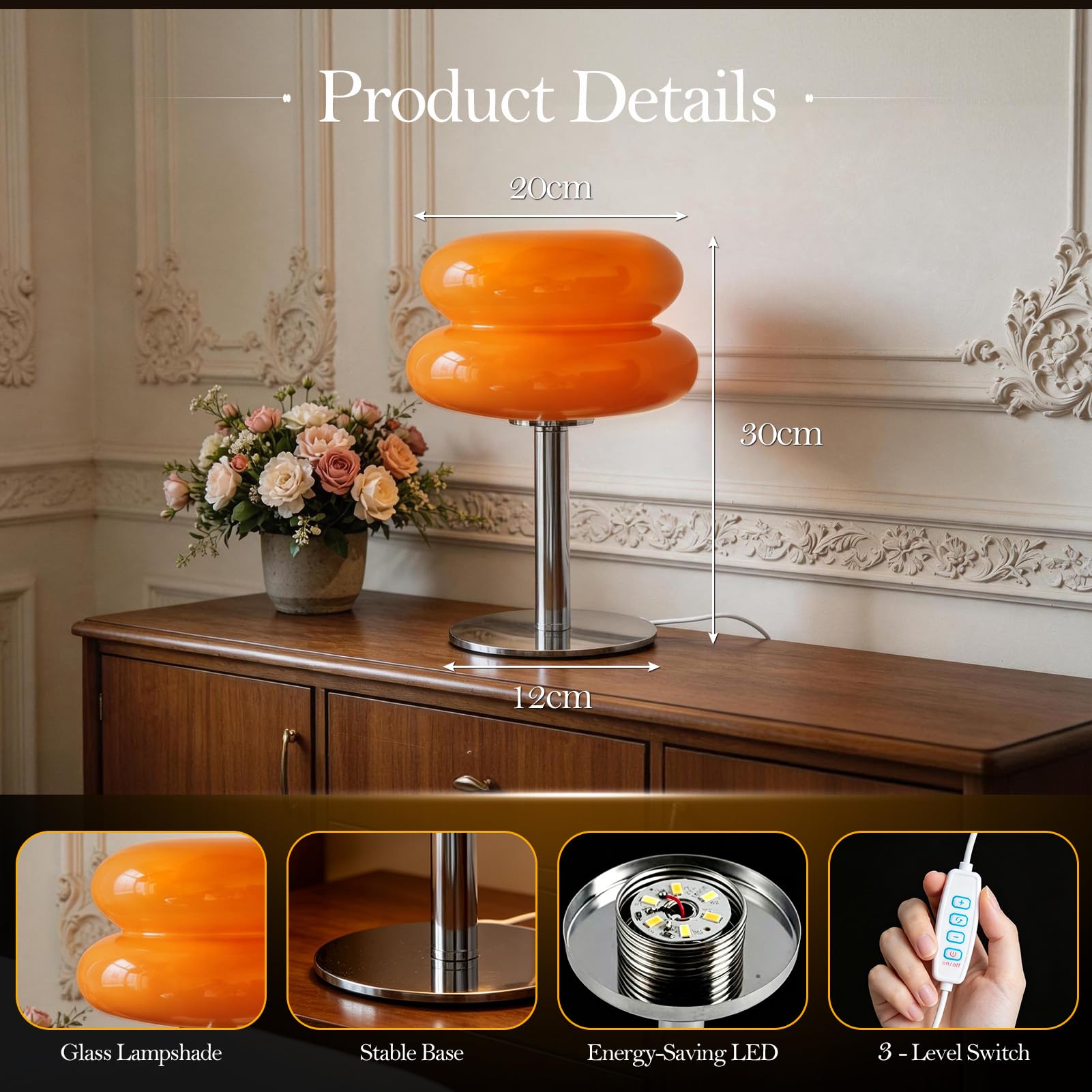 Topyond Tischlampe Orange, Eierkuchen Tischlampe, Energieeffizienz | Weiches Licht, USB Glas Klein Nachtlampe, Schlafzimmer Tischlampen, Niedliche Donut Lamp (Orange)