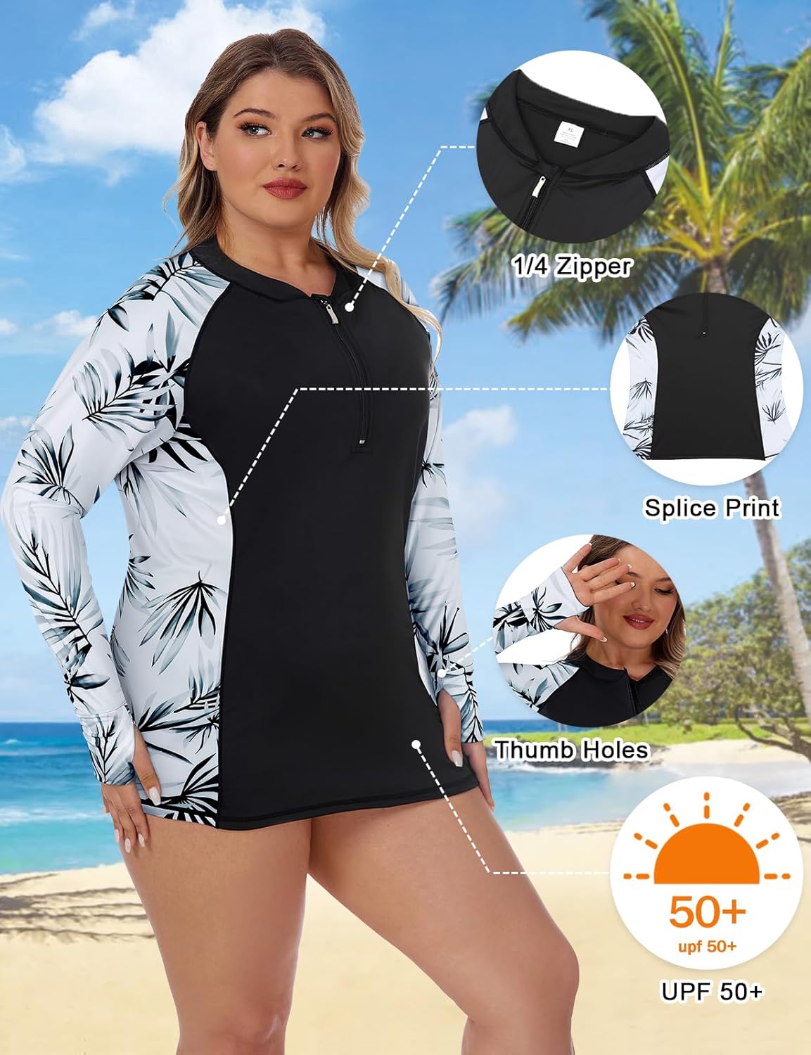 LURANEE Womens Plus Size Long Sleeve Rash Guard Top Zipper Swimsuit Swim Shirt with Thumb Holes