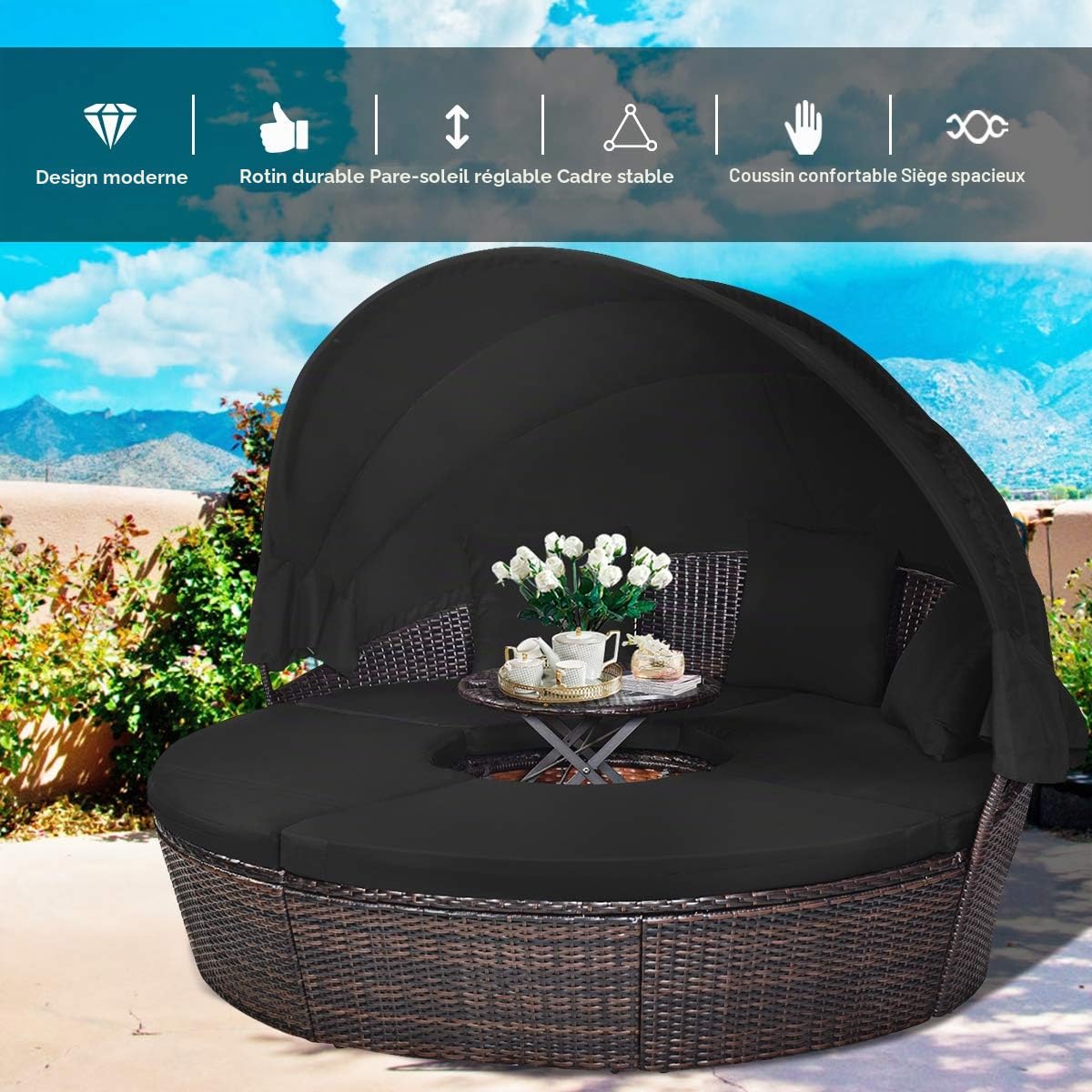 LIFEZEAL Transat Jardin Extérieur avec Coussin et 3 Oreillers, Bain de Soleil Rond avec Toit, Table Basse Réglable en Hauteur, Canapé-lit, Charge 360kg, Chaise Longue pour Piscine, Terrasse (Noir)