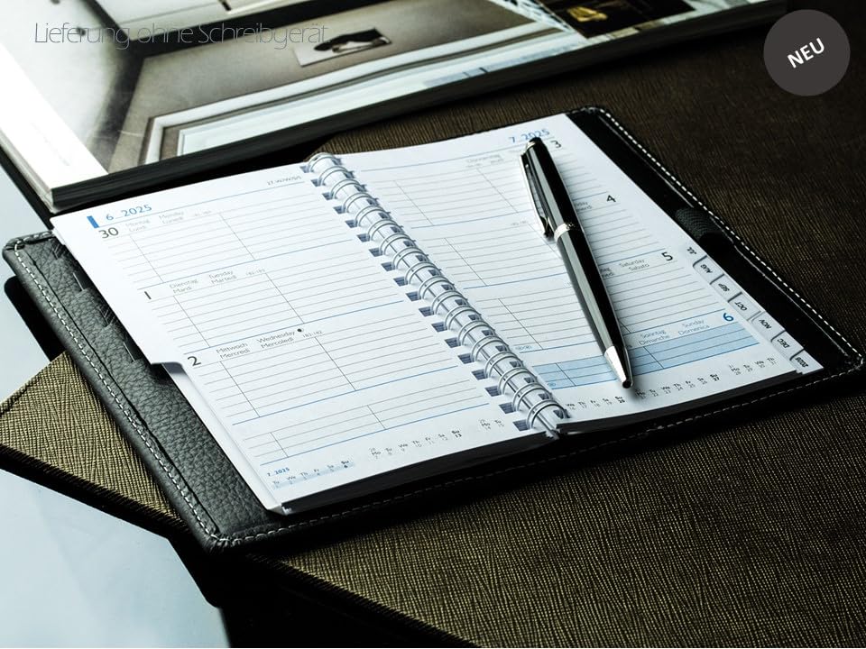 DELMON VARONE - Personalisierbarer Taschenkalender 2026 + 2027 Soft Grain Leder schwarz - Organizer Wochenplaner (1 Woche auf 2 Seiten) Lederhülle - Buch-Kalender mit Wochenübersicht & Spiralbindung