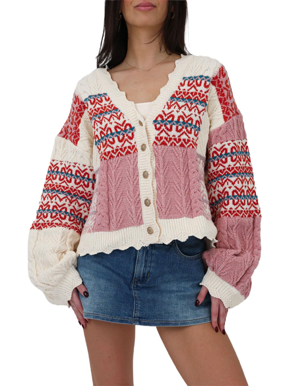 CHARTOU Womens Boho Cropped Cardigan Color Block Short Scalloped V Neck Buttons Knit Fall Sweater