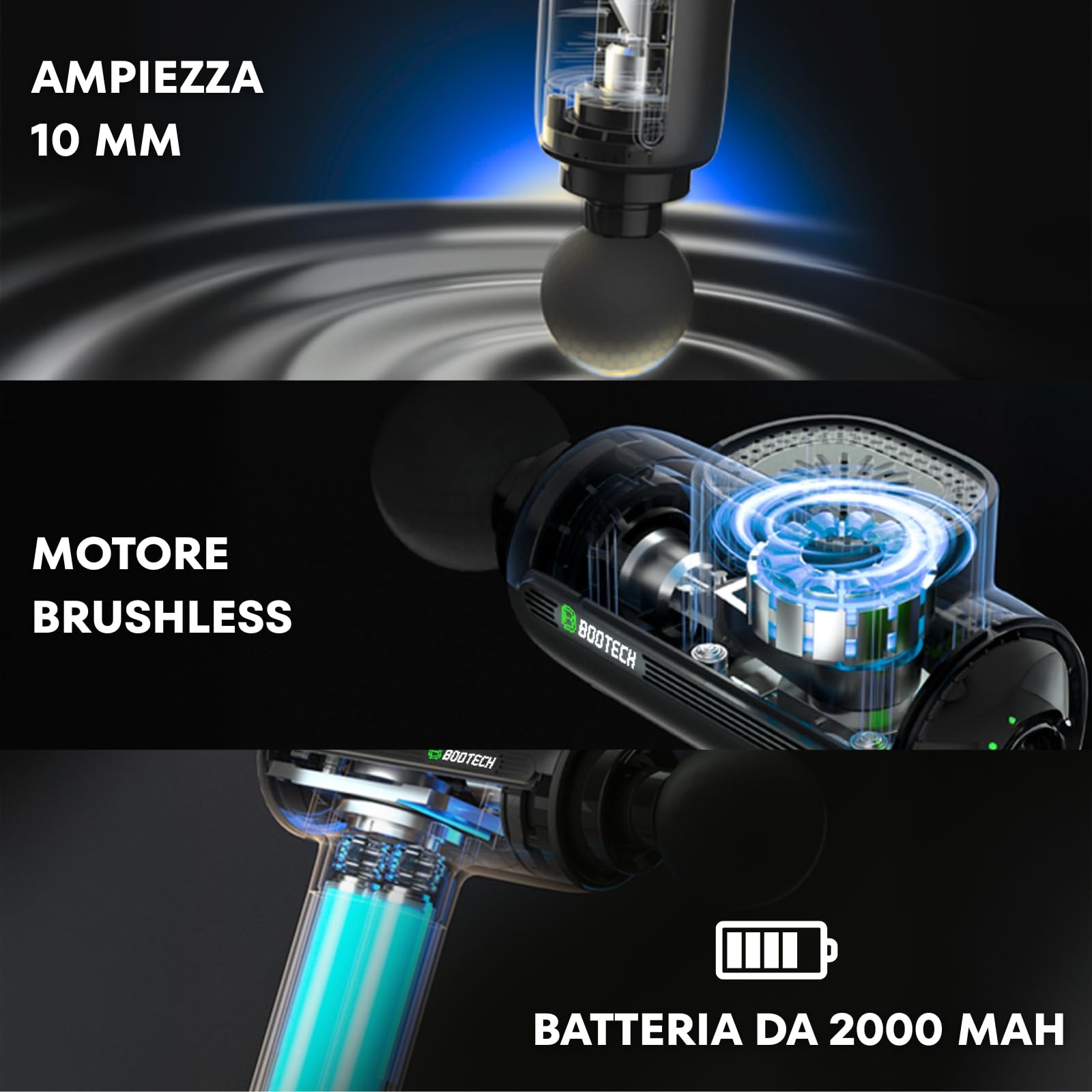 BOOTECH Pistola per massaggi muscolari, massaggiatore professionale a tessuto profondo con 10 mm di ampiezza, massaggiatore silenzioso con 5 teste& 5 velocità per recupero sportivo, sollievo dal